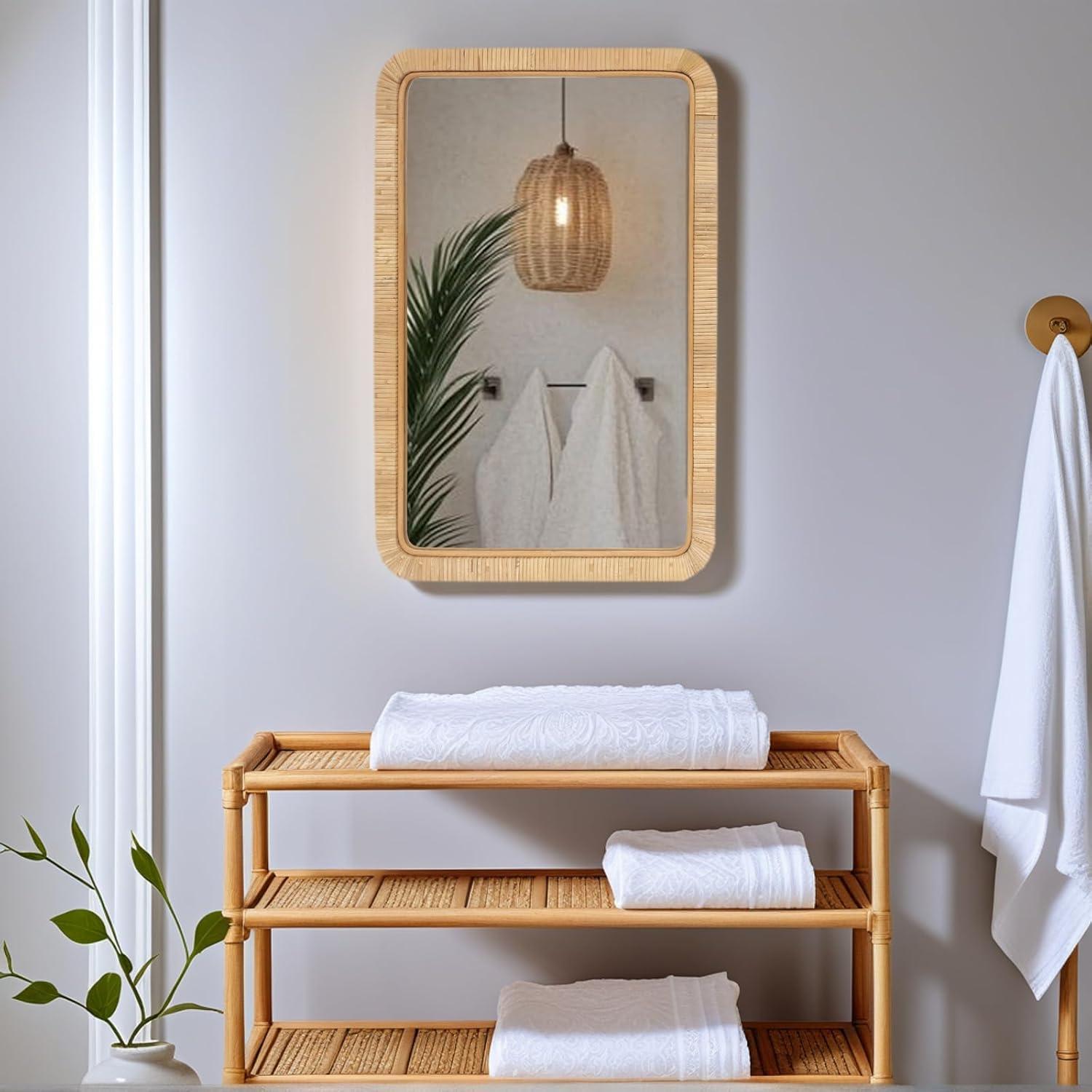 Barnyard Designs Rattan Bathroom Mirror – Rustic Farmhouse Style Handmade Wicker Rattan Frame - Boho Mirror for Nursery Wall Décor (20" x 30", Rectangular)