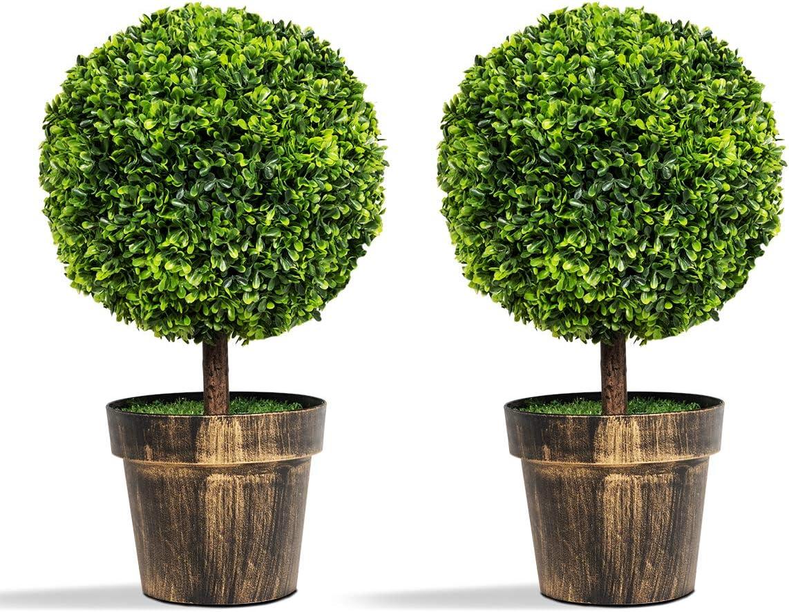 22’’ Faux Boxwood Topiary Ball Tree Set of 2, Artificial Plants Outdoor Weather Resistant, Cement-Filled Potted Bushes, Evergreen Topiary Trees Artificial for Porch Decoration Indoor Outdoor