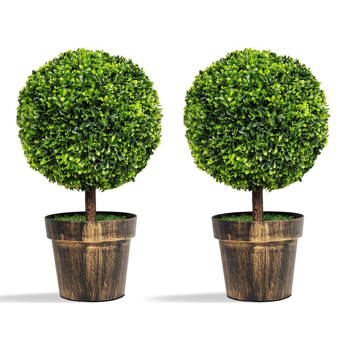 22’’ Faux Boxwood Topiary Ball Tree Set of 2, Artificial Plants Outdoor Weather Resistant, Cement-Filled Potted Bushes, Evergreen Topiary Trees Artificial for Porch Decoration Indoor Outdoor