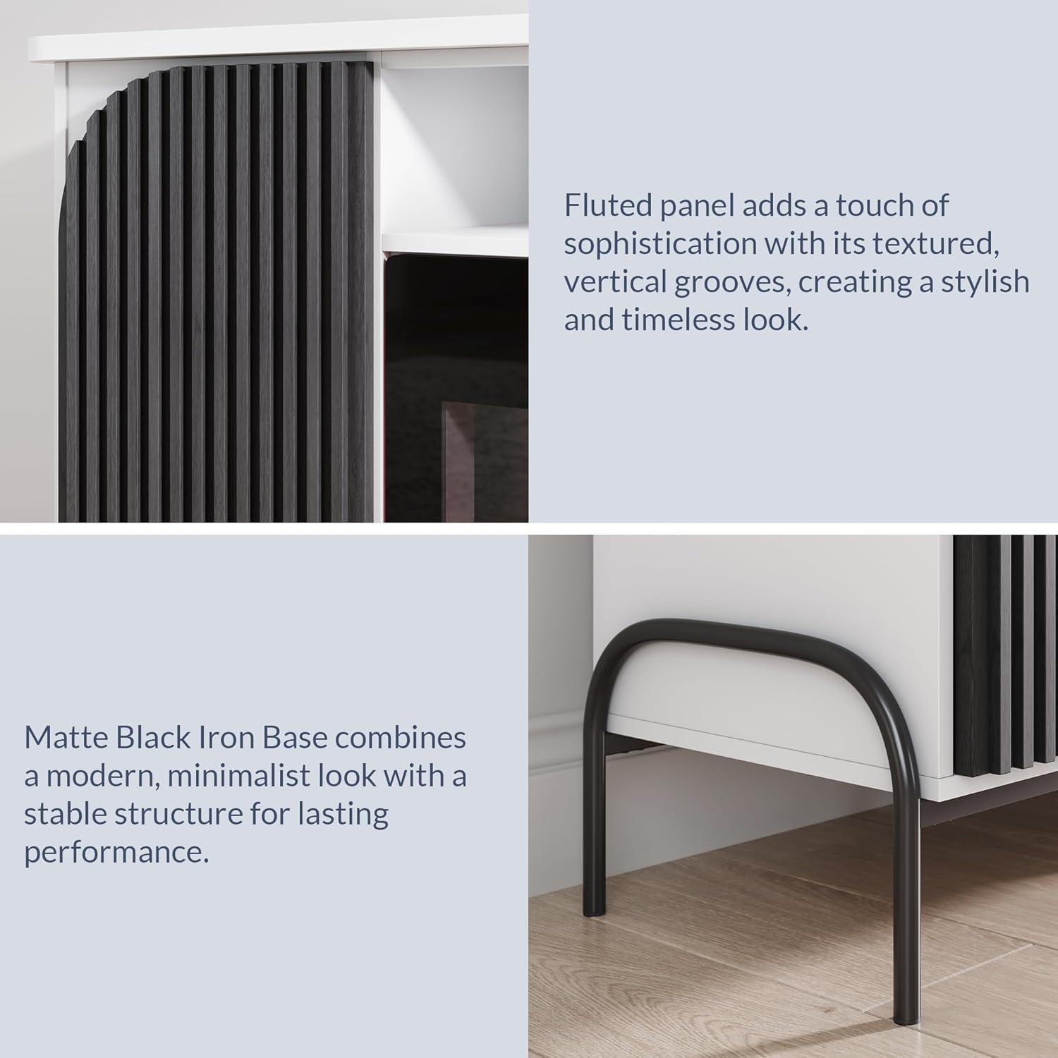 BELLEZE 68 Inch Fluted TV Stands with 36" Electric Fireplace, Modern Fluted Entertainment Center with Open Storage Shelves& Cabinets, Media Console TV Cabinet For Living Room Bedroom (White)