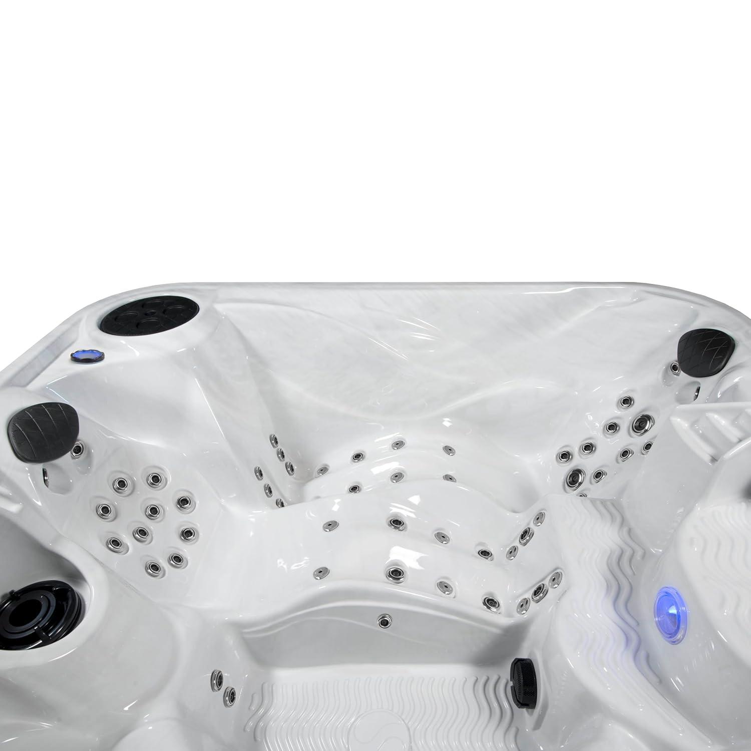 Amplified 6-Person 100-Jet Double-Lounger Hot Tub Spa with Bluetooth Stereo, 3 Pumps, LED Lighting, Stainless Steel Heater and Ozonator, Insulated Cover and Steps Included