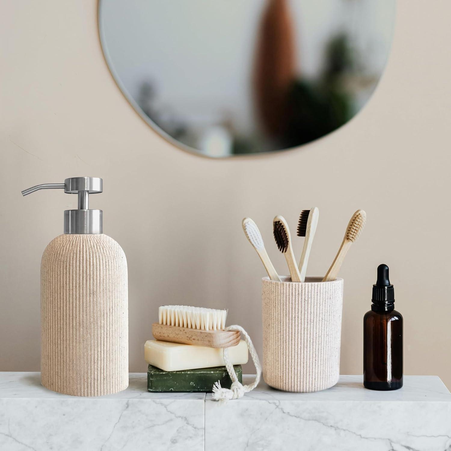 Small Sand Beige Boho Toothbrush Holder for Bathroom, Neutral Farmhouse Style, Unbreakable Small Bathroom Cup C45