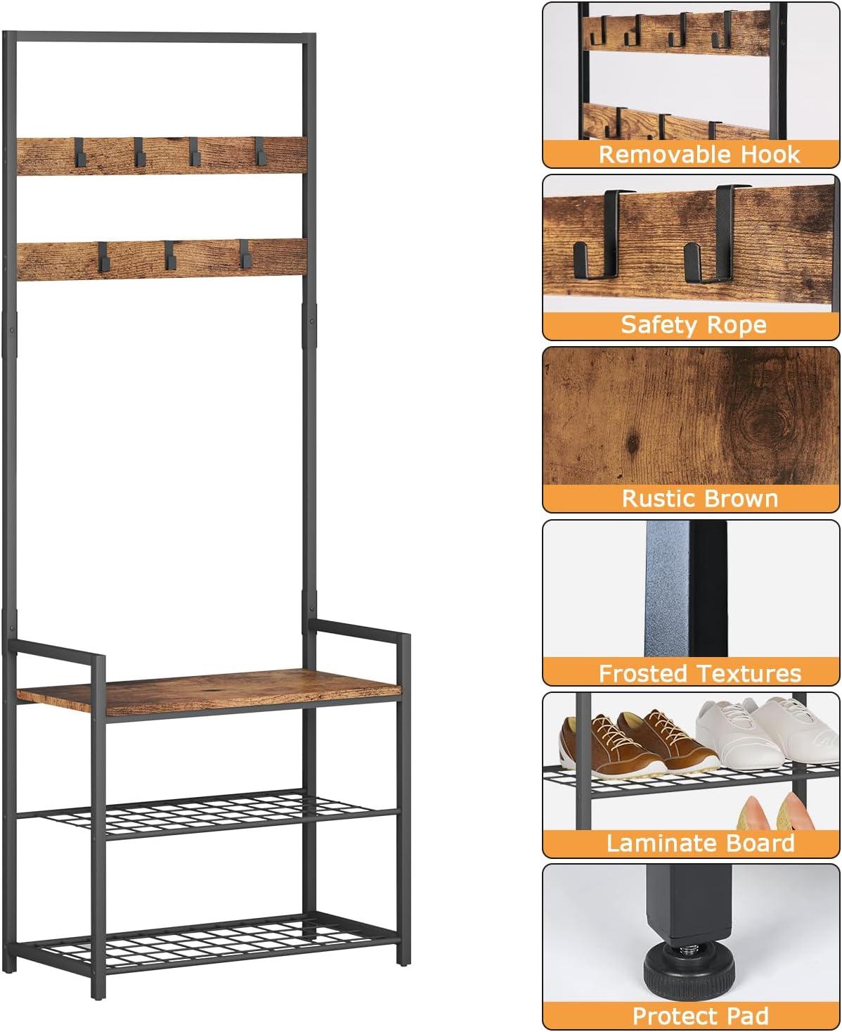 HOMEKOKO Coat Rack Shoe Bench, Hall Tree Entryway Storage Bench, Wood Look Accent Furniture with Metal Frame, 3-in-1 Design