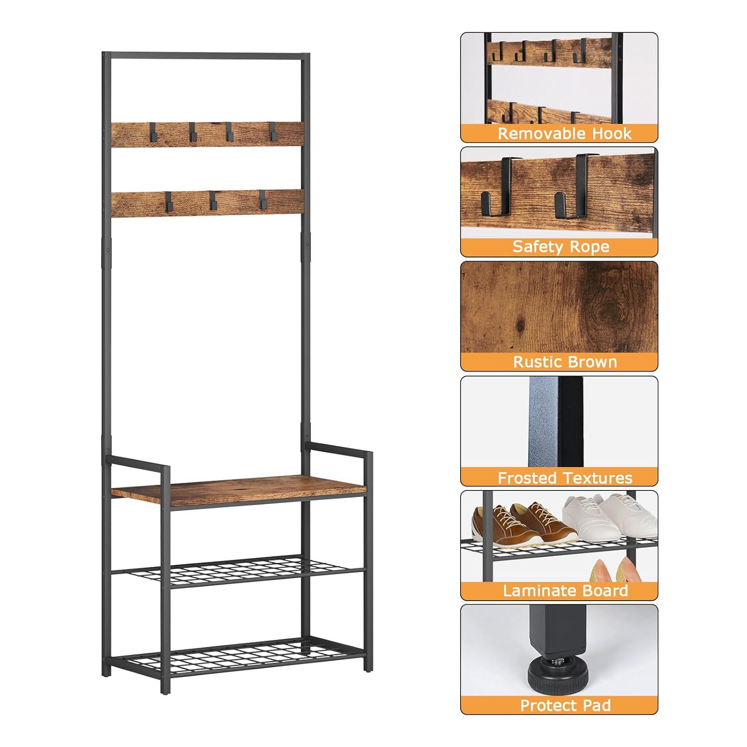 HOMEKOKO Coat Rack Shoe Bench, Hall Tree Entryway Storage Bench, Wood Look Accent Furniture with Metal Frame, 3-in-1 Design