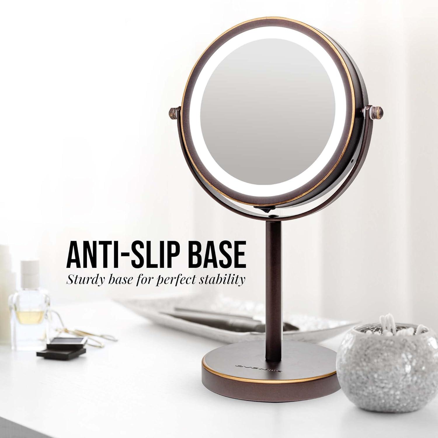 Ovente Lighted Vanity Mirror 6 Inch Table Top 1X 7X Magnification LED 360 Adjustable Double Sided Spinning Personal Makeup Stand Desk Bathroom Battery Powered Circle Large Antique Bronze MLT60ABZ1X7X