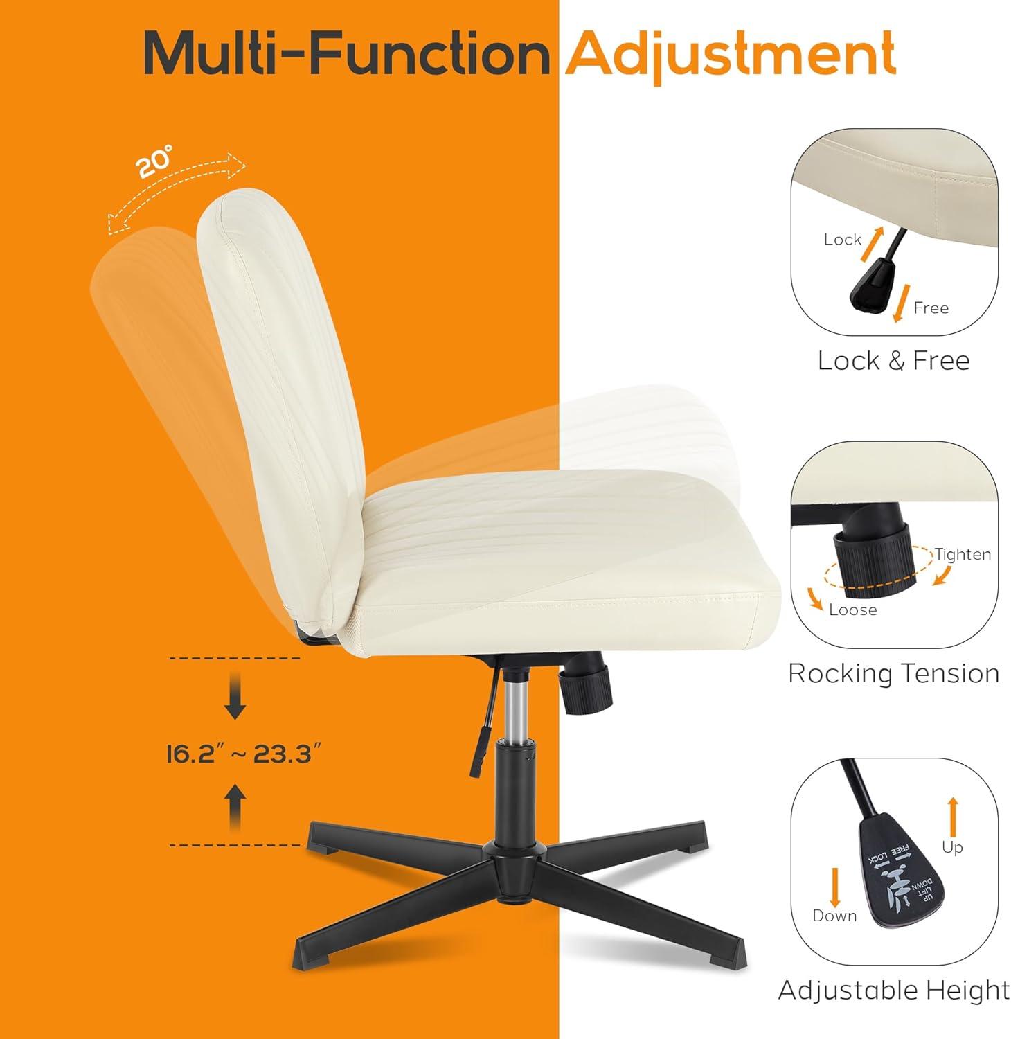 Criss Cross Chair, Cross Legged Office Chair, Wide Comfort Desk Chair, No Wheels Armless Computer Task Chair, Swivel Leather Vanity Home Chair, Height Adjustable