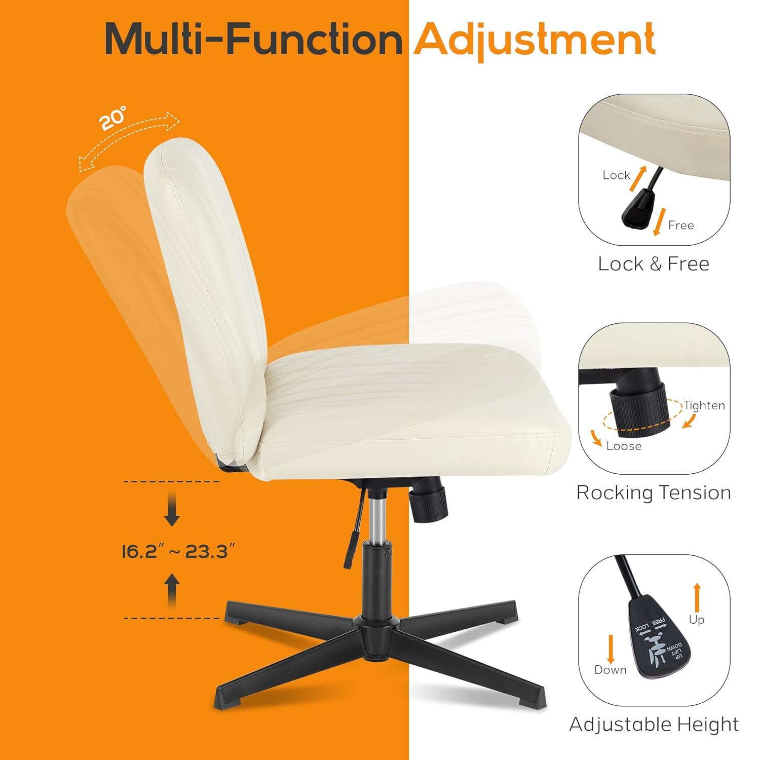 Criss Cross Chair, Cross Legged Office Chair, Wide Comfort Desk Chair, No Wheels Armless Computer Task Chair, Swivel Leather Vanity Home Chair, Height Adjustable