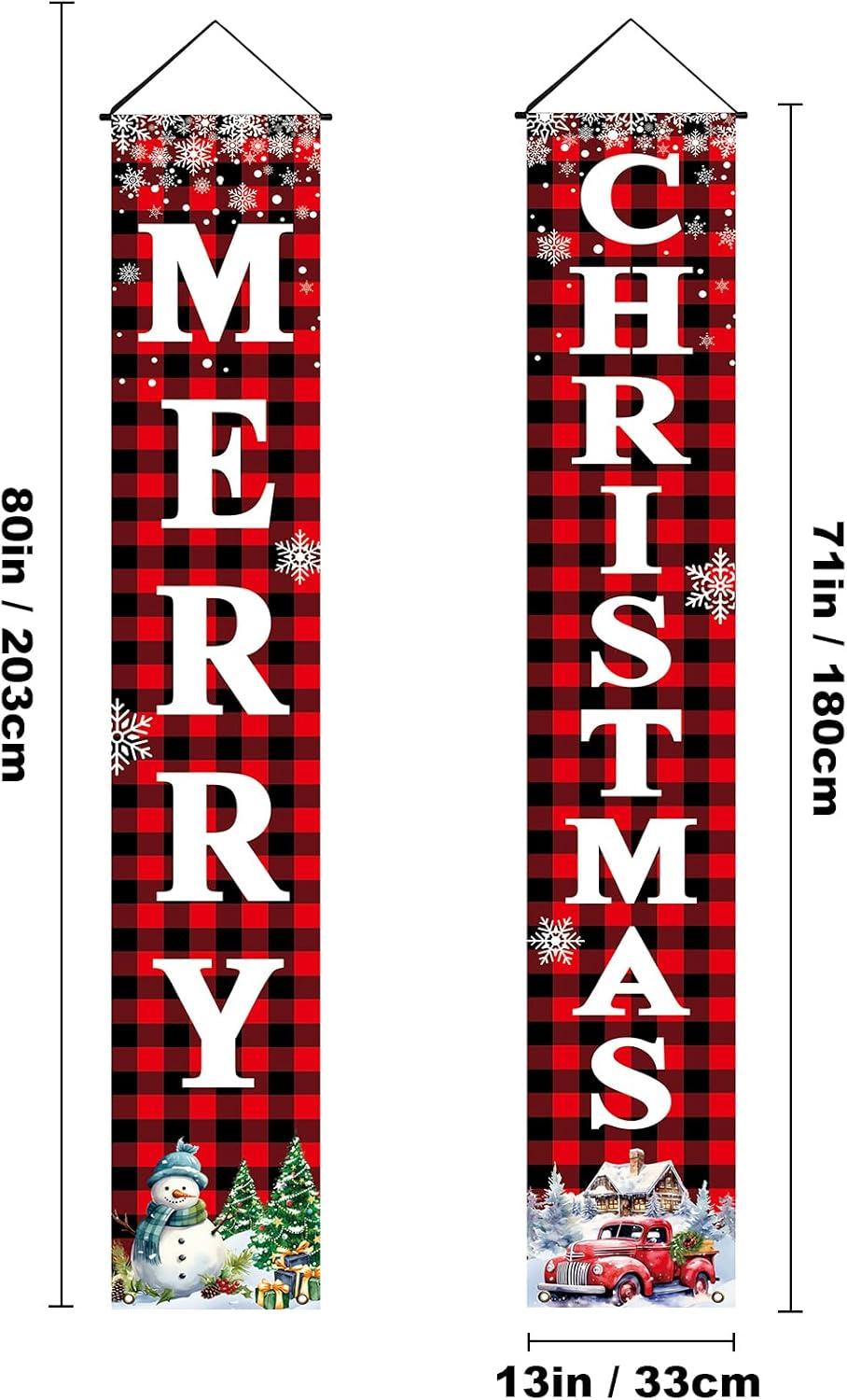 Christmas Decorations Outdoor Yard Front Porch Sign Set, Red Black Buffalo Plaid Door Banner, Hanging Merry Christmas Decorations for Home, Indoor Outdoor Xmas Decor Wall Front Door Yard Garage