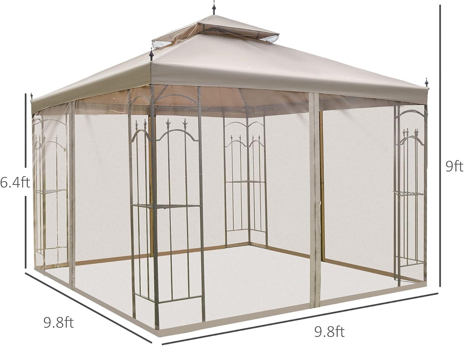 Outsunny 118" x 118" Steel Outdoor Patio Gazebo Canopy with Removable Mesh Curtains, Display Shelves, & Steel Frame, Brown