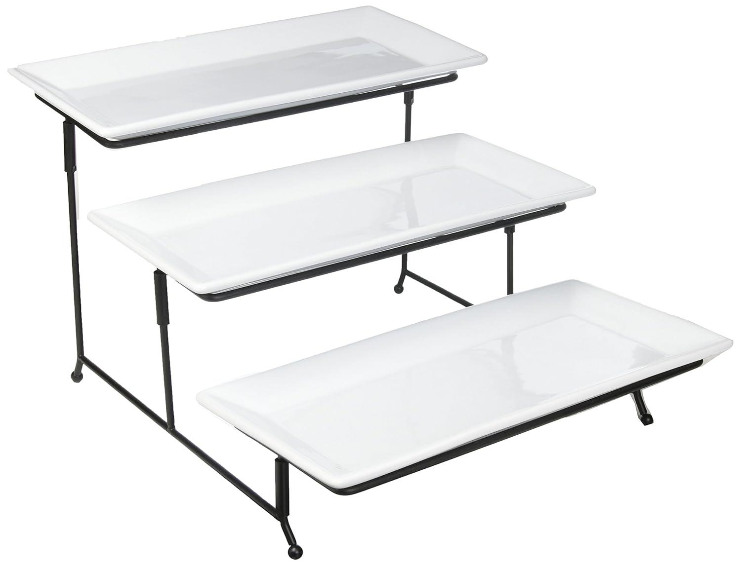 Gibson Elite Porcelain Gracious Serving Plate Set with Metal Stand: Tiered Cupcake & Serving Tray, Rectangle