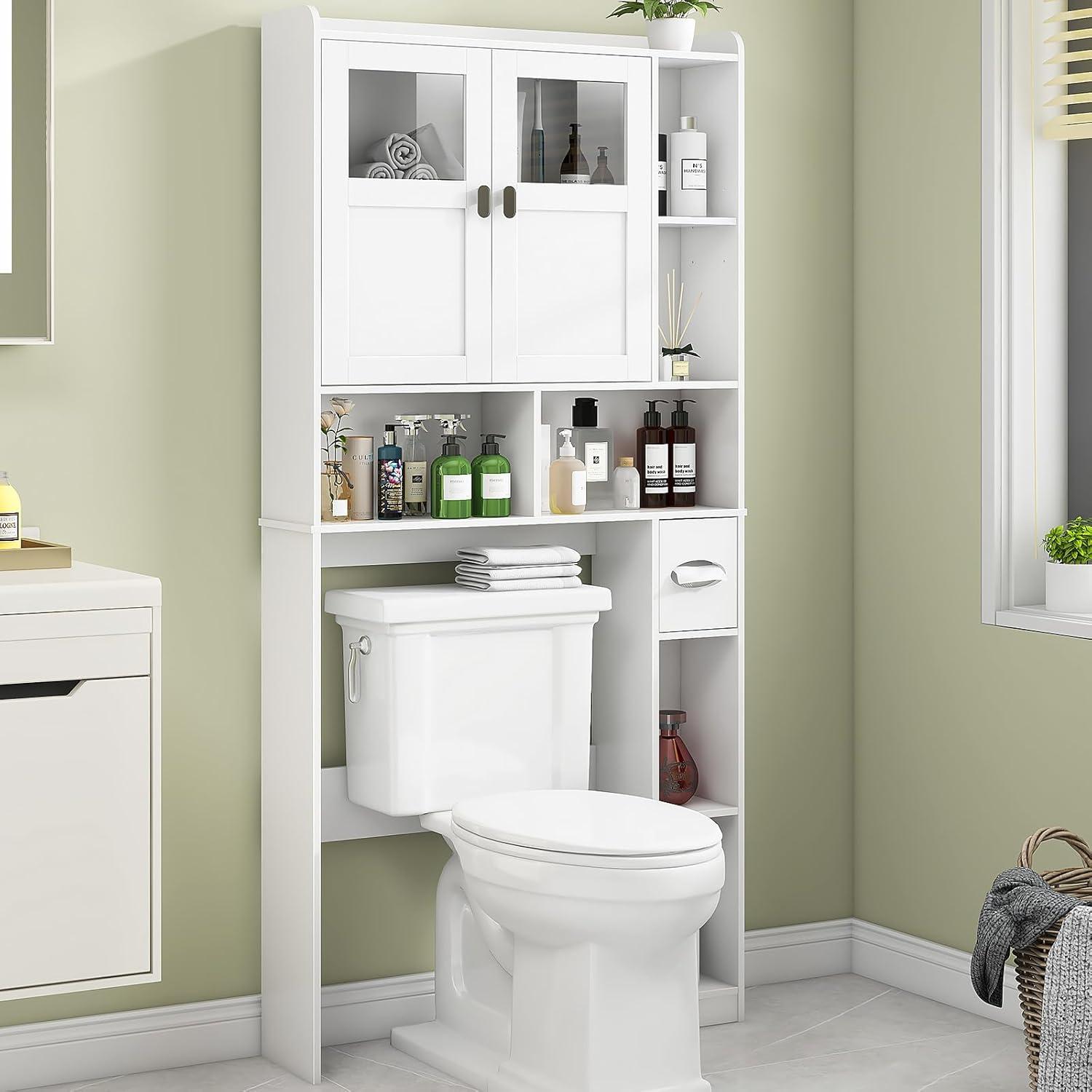 White Adjustable Over-the-Toilet Storage Cabinet with Glass Doors