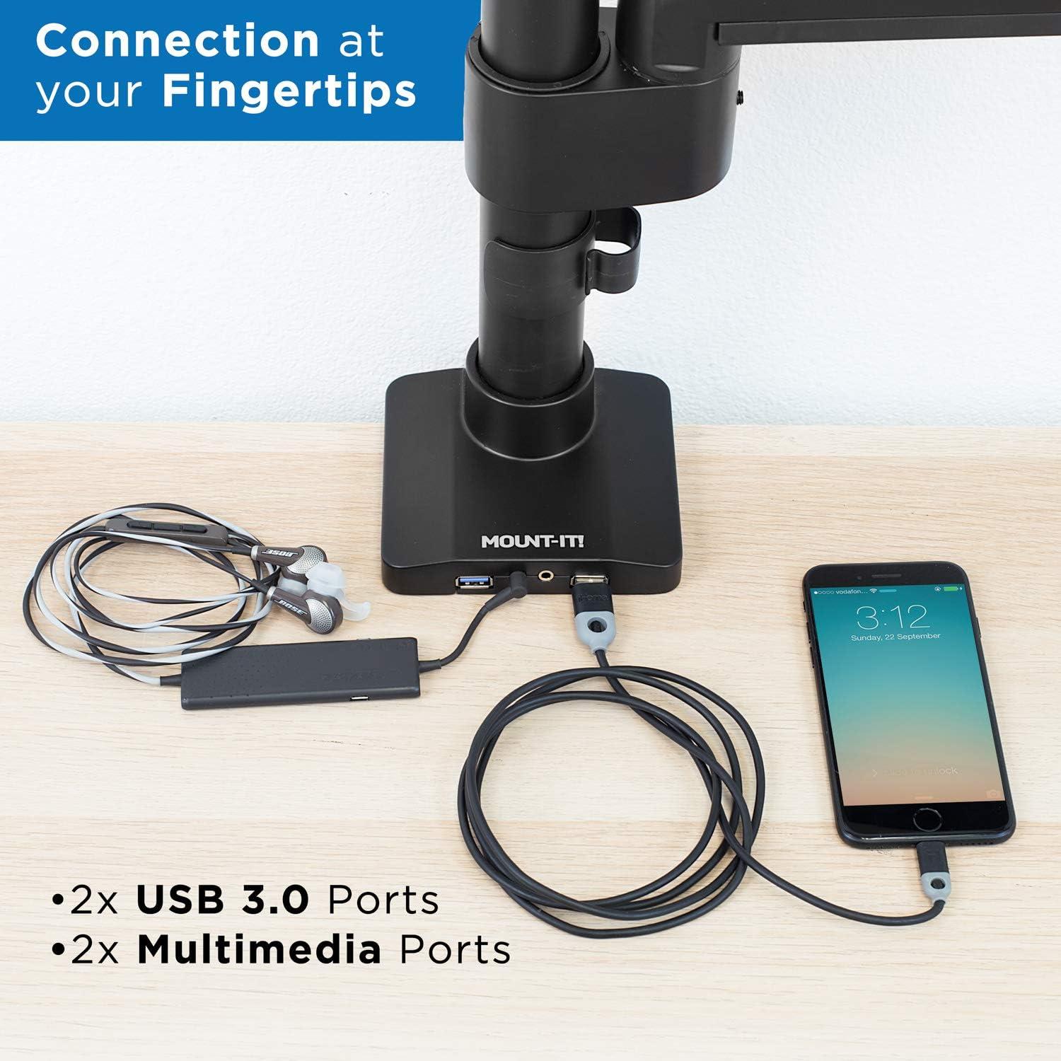 Mount-It! Heavy Duty Monitor Desk Mount w/ USB & Multimedia Ports