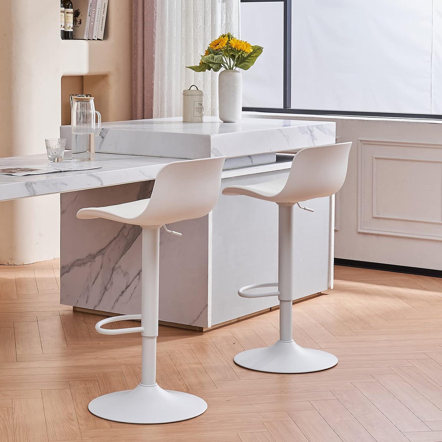 Height Adjustable Swivel PP Bar Stool with PU Padded Seat, White, Set of 2