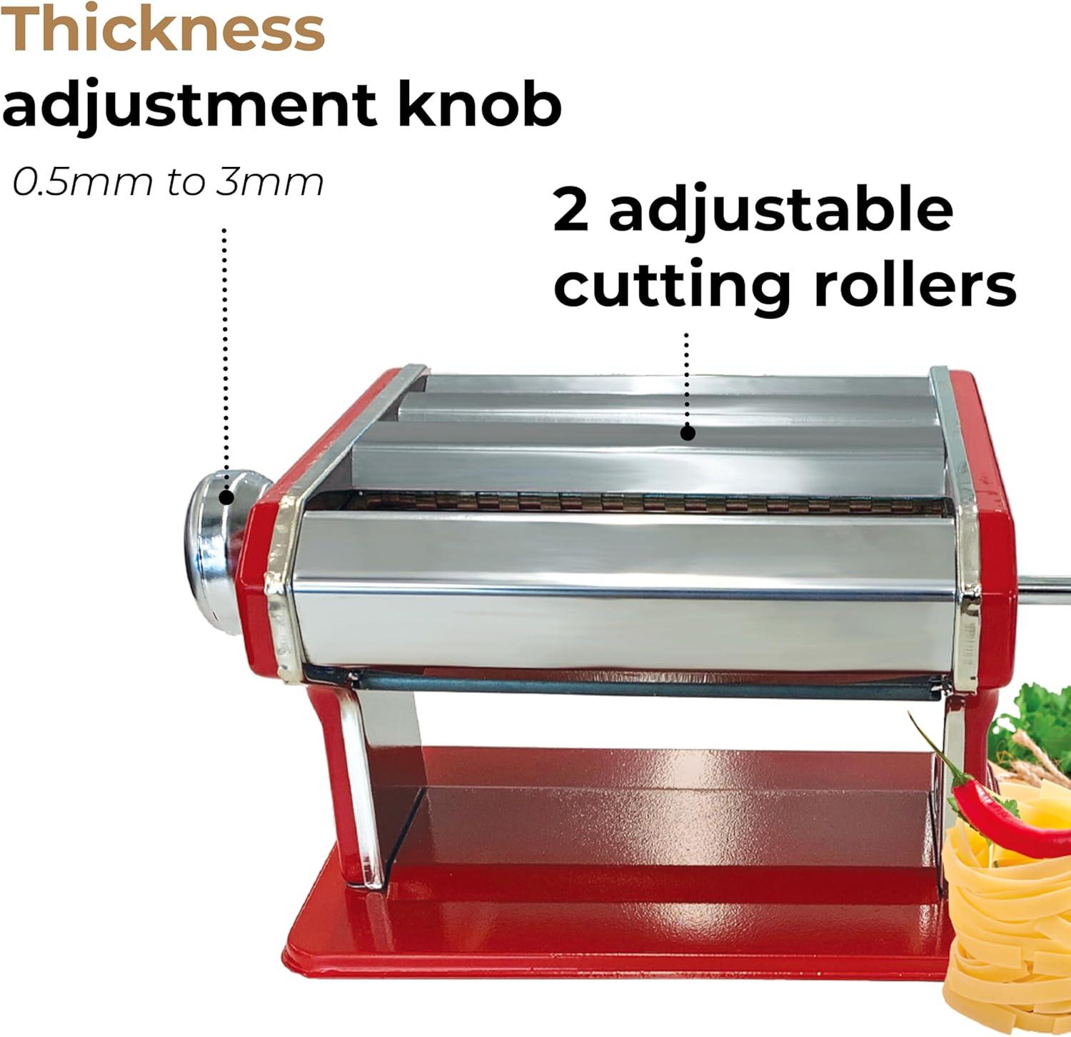 JS Gourmet - Manual Pasta Machine in Stainless Steel, 2 Adjustable Cutting Rollers, Red