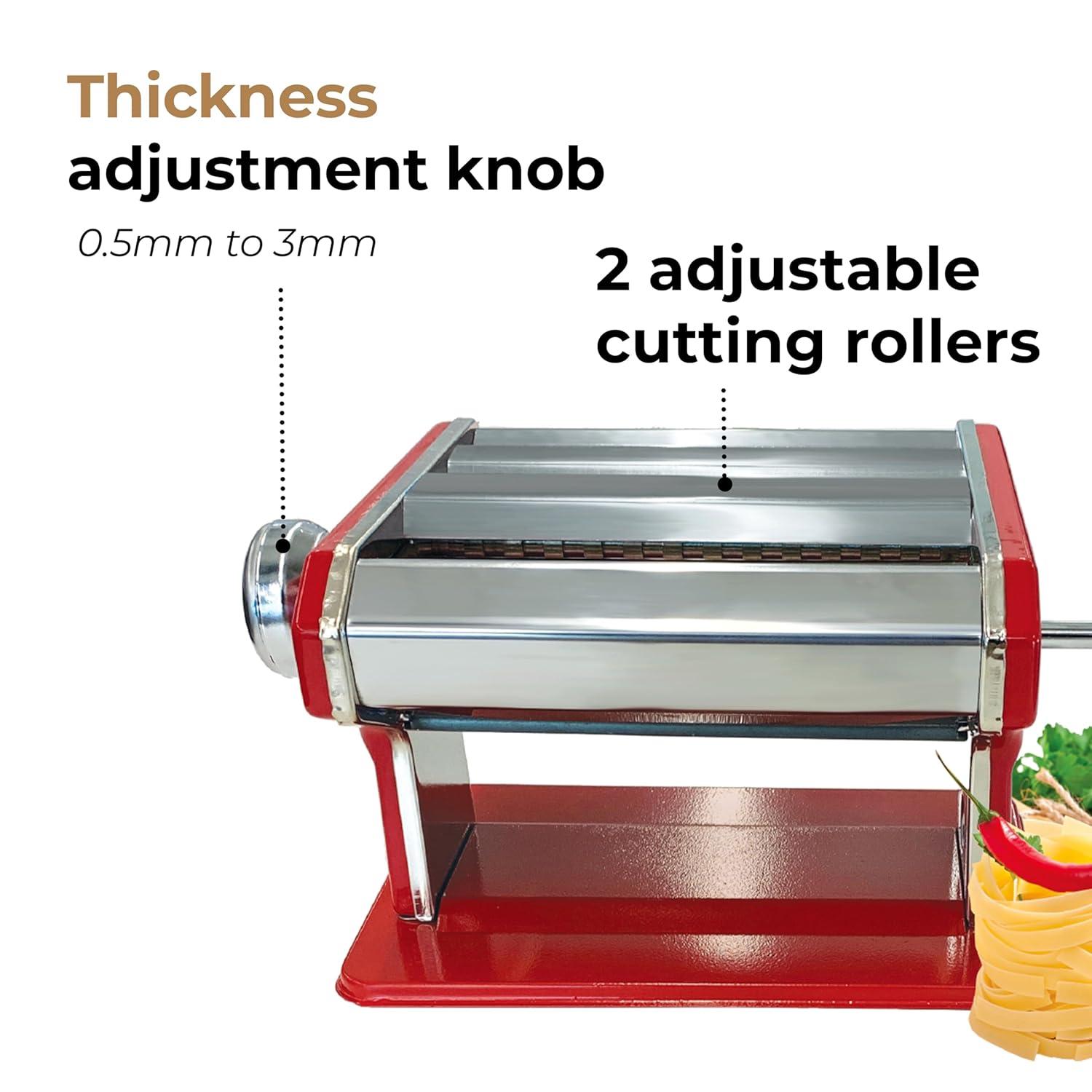 JS Gourmet - Manual Pasta Machine in Stainless Steel, 2 Adjustable Cutting Rollers, Red