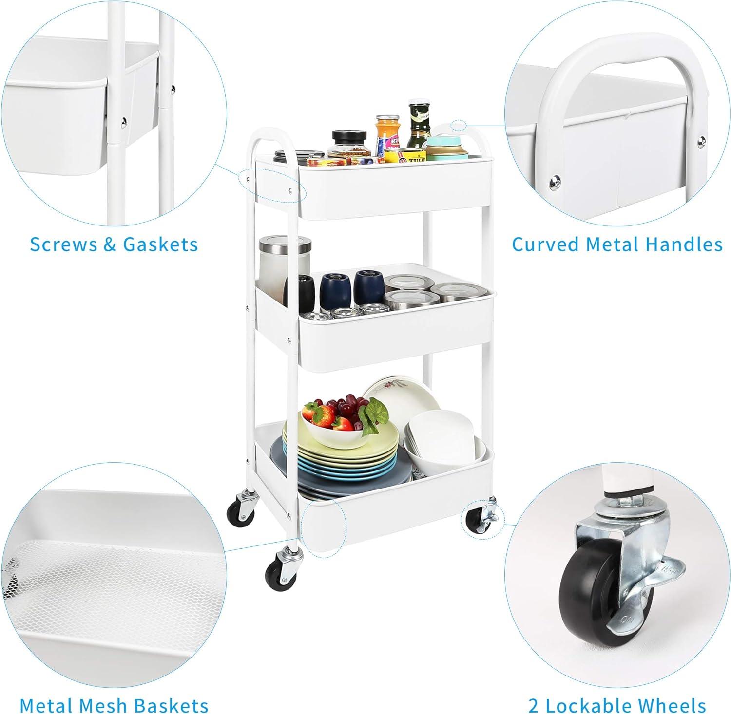 White Metal 3-Tier Rolling Utility Cart with Wheels