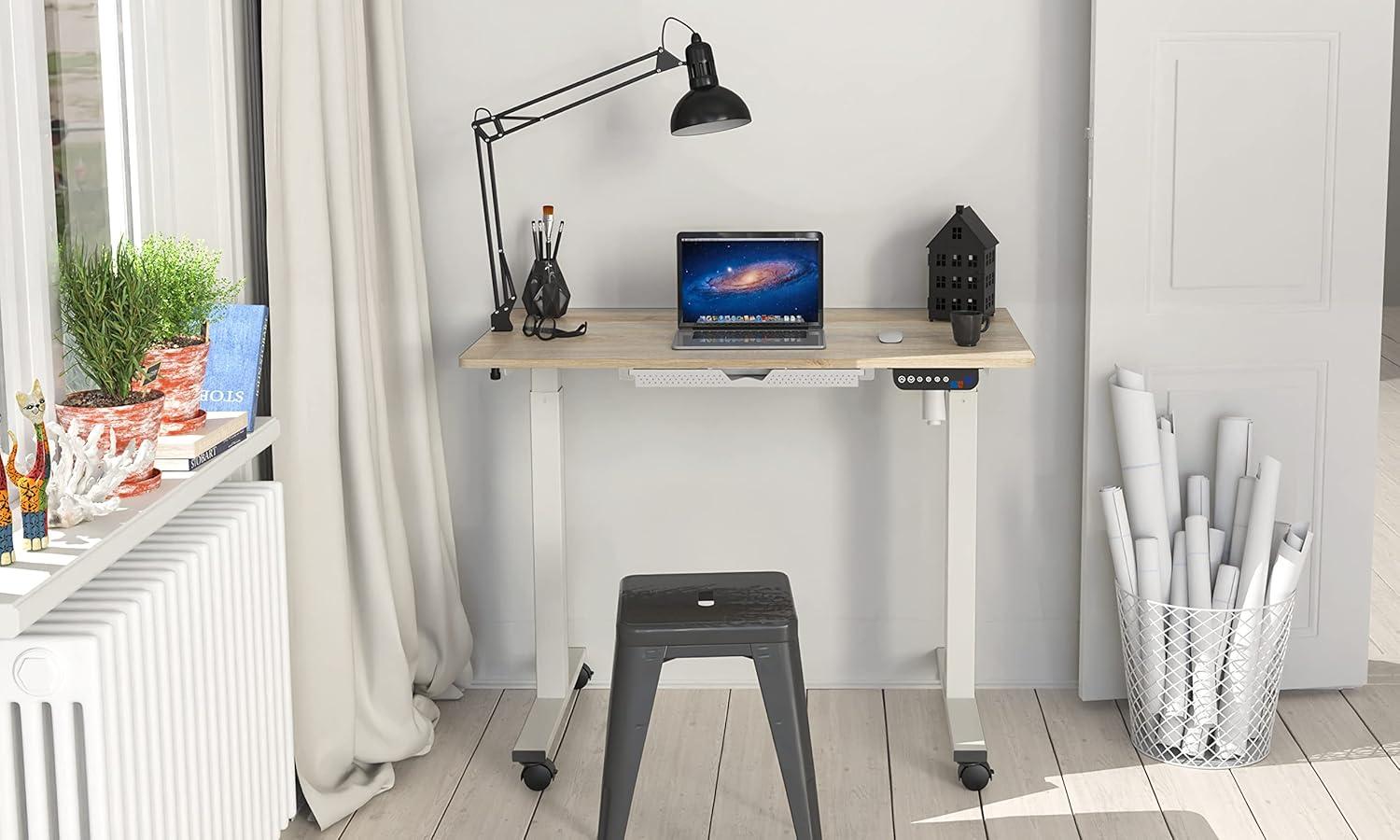 SHW 40-Inch Mobile Electric Height Adjustable Sit to Stand Desk with Drawer, Hanging Hooks and Cable Management, Oak