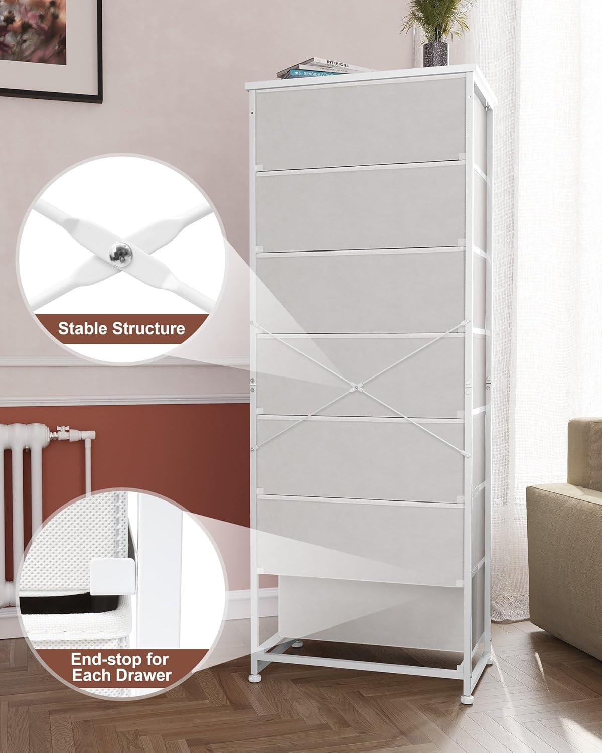 White Vertical 7-Drawer Storage Tower with Light Wood Accents