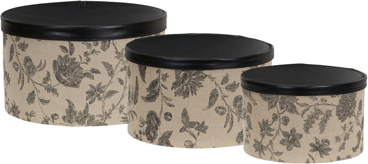 Round Hat Boxes with Lids, Detailed Floral Print with Faux Leather Lids, Large, Medium and Small, Black and Tan