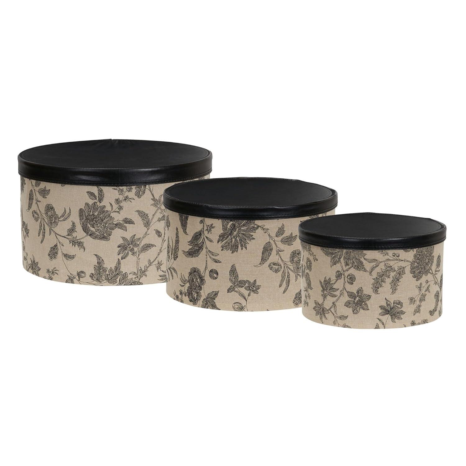 Round Hat Boxes with Lids, Detailed Floral Print with Faux Leather Lids, Large, Medium and Small, Black and Tan