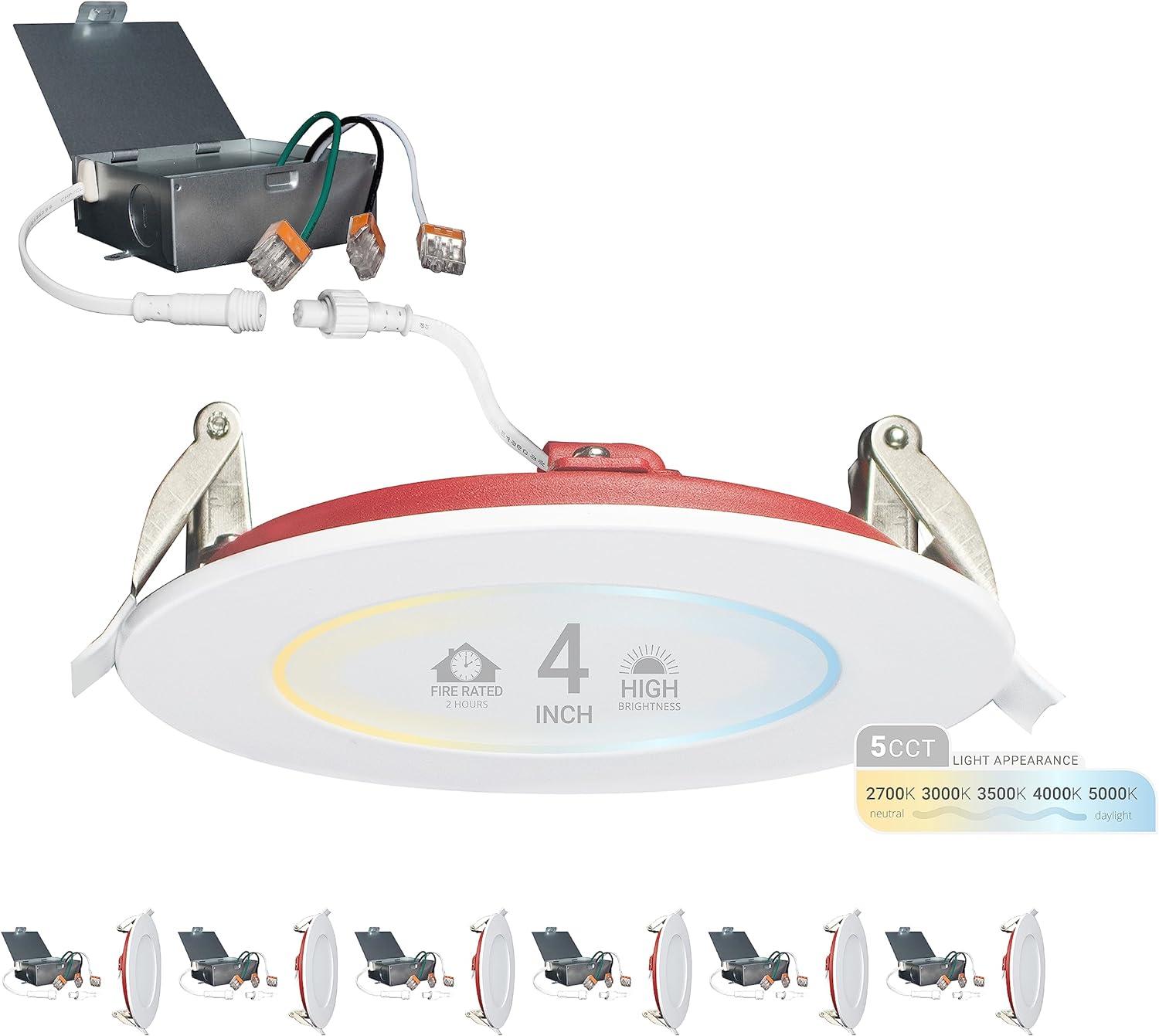 4 in. 2 HOUR Fire Rated Slim Canless LED Recessed Light 12W 5CCT 27K-50K Dimmable IC Rated 6PK
