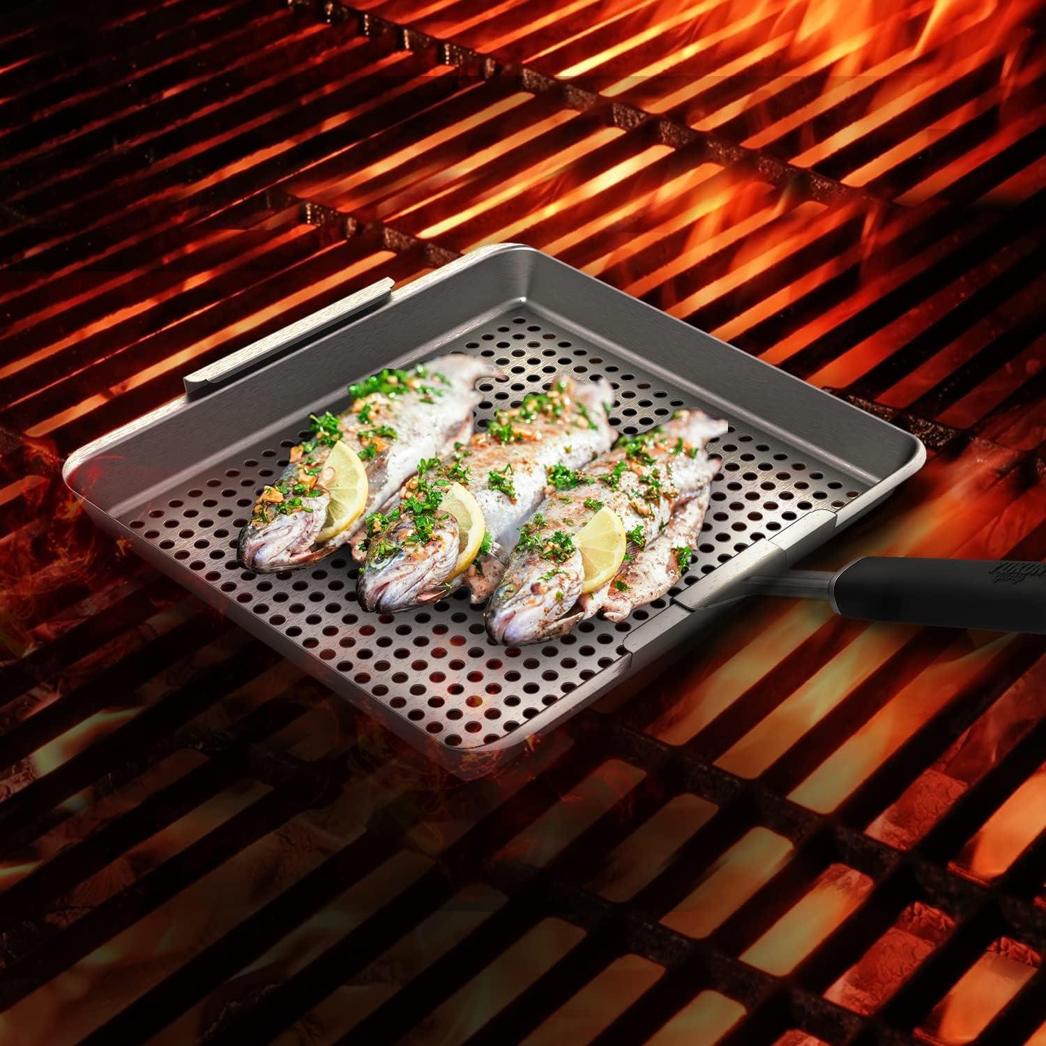 Yukon Glory Wide Grill Basket Set With Clip-On Handle, Perfect For Grilling Fish, Veggies and Meats