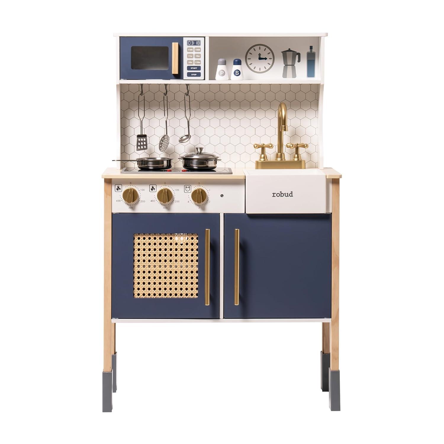 Robud Play Kitchen, Wooden Adjustable Height Pretend Playset for 3+ Boys and Girls, w/Sound & Light,Gem Blue