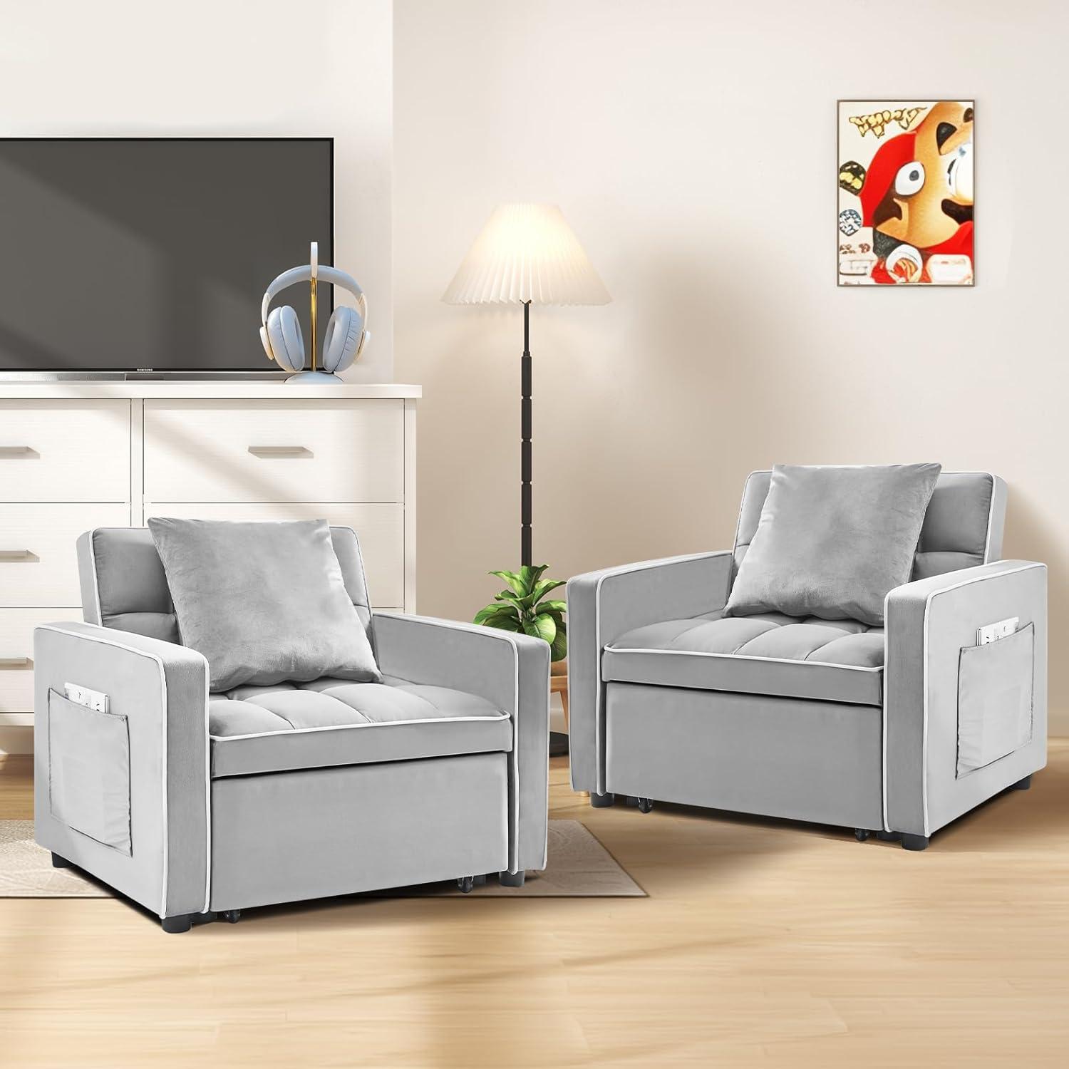 Muumblus Sleeper Sofa Chair Bed, 3-in-1 Convertible Sofa Chair, Modern Adult Velvet Chaise Lounge for Living Room, Gray