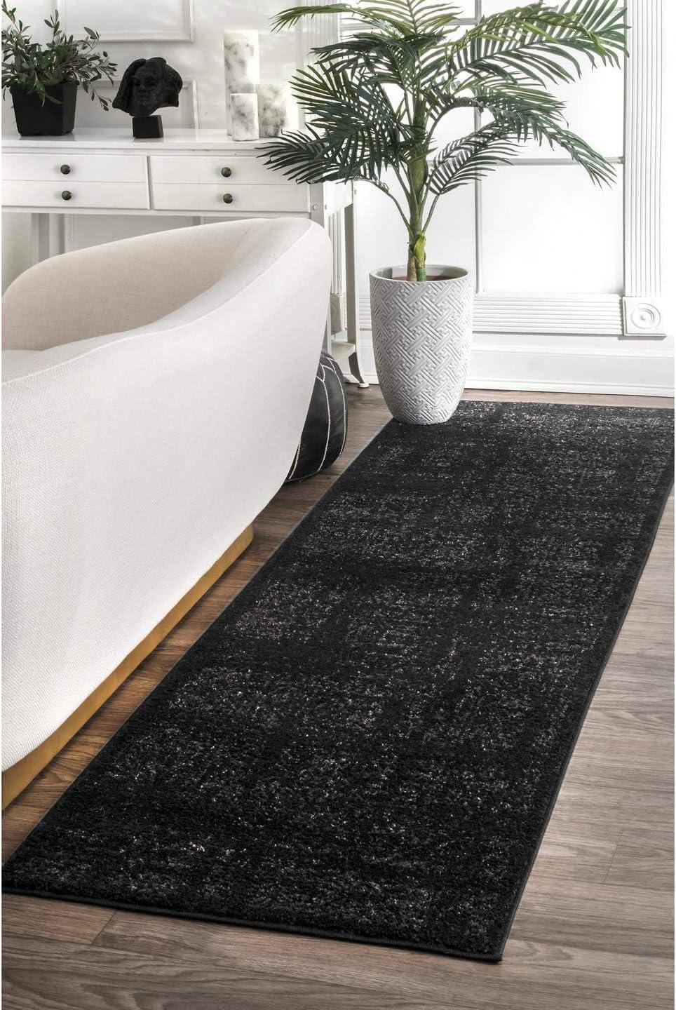 Reversible Rectangular Black Synthetic Stain-Resistant Area Rug 25" x 4"