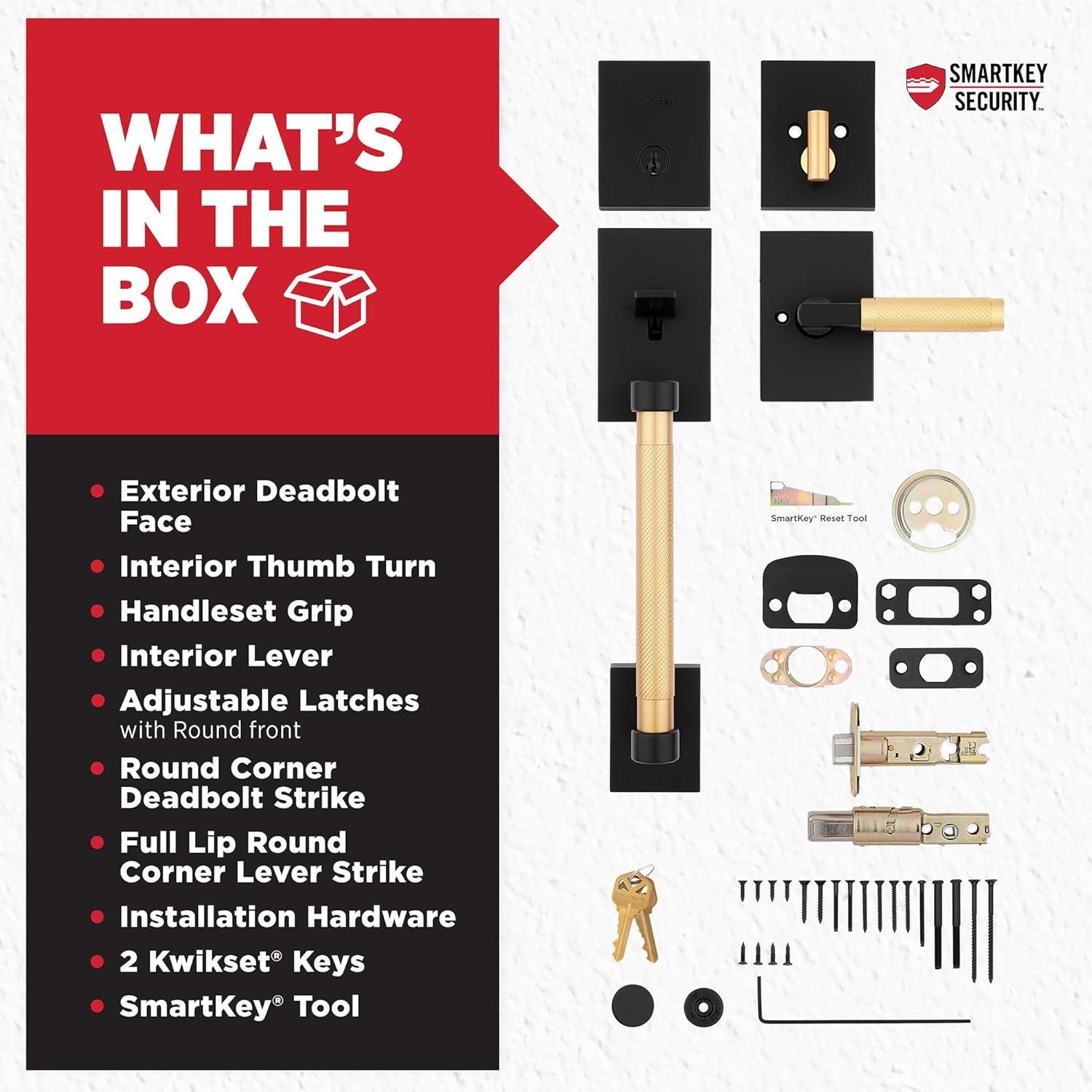 Kwikset Prava Front Door Lock Handle and Deadbolt Set, Entry Handleset Exterior with Interior Reversible Lever, Matte Black and Satin Brass, Pick Resistant SmartKey Deadbolt, with Microban Protection