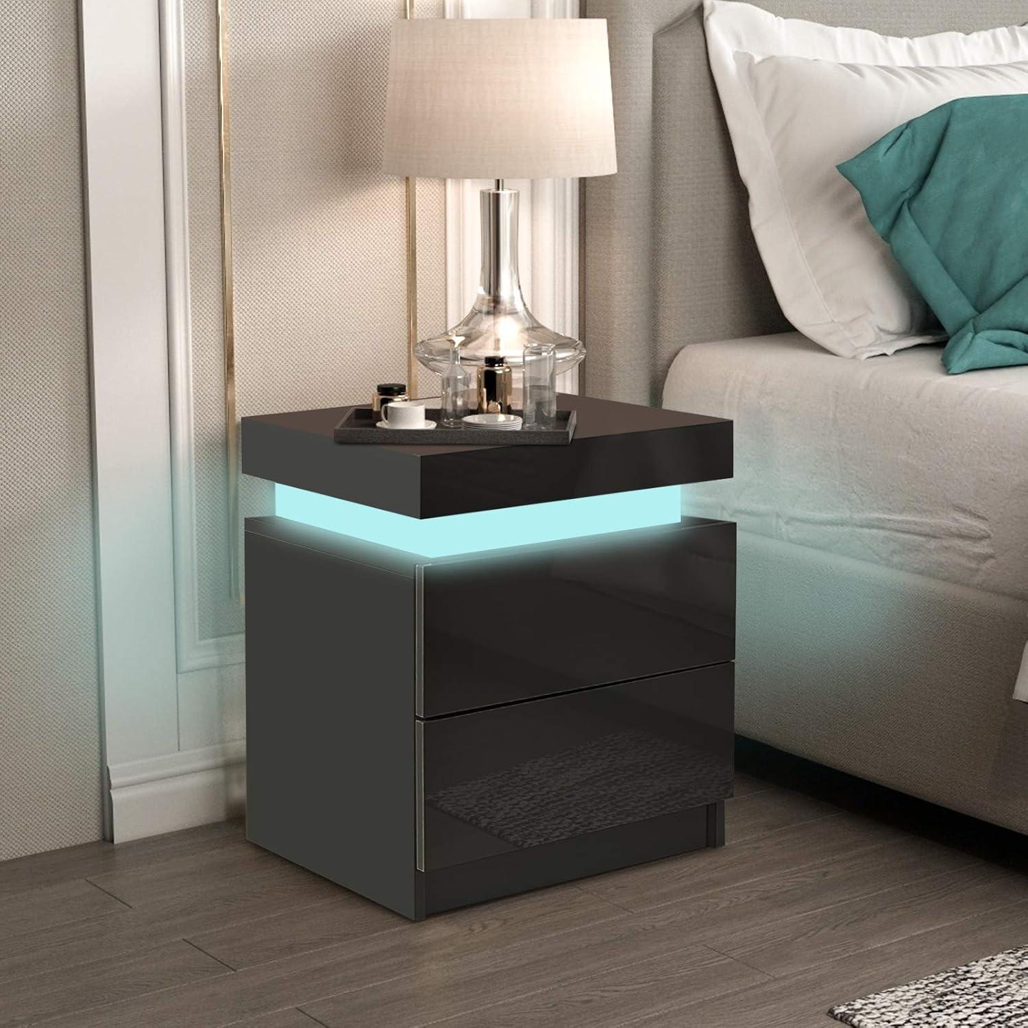 White High Gloss 3-Drawer Nightstand with LED Lights