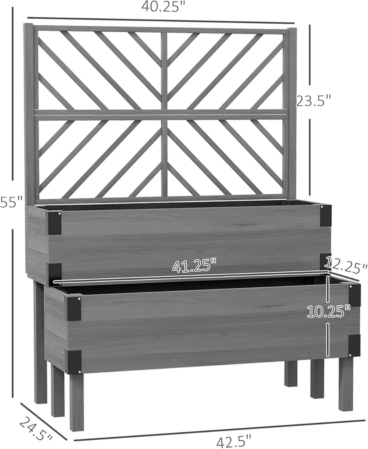 Outsunny Raised Garden Bed with Trellis, 2 Tier Wooden Elevated Planter Box with Legs and Metal Corners for Vegetables, Flowers, Herbs, Gray