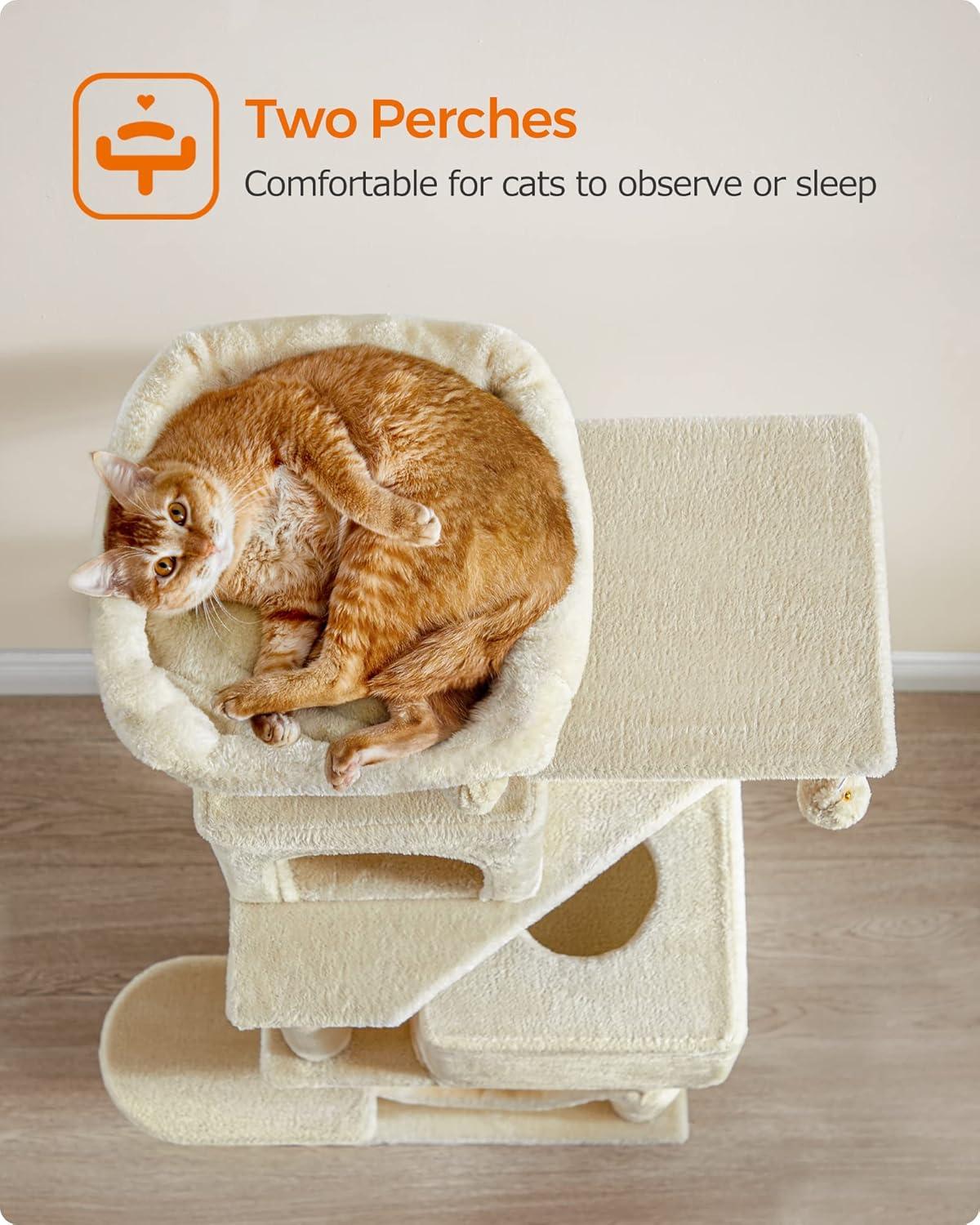 Feandrea Cat Tree, 61-Inch Cat Tower for Indoor Cats, Plush Multi-Level Cat Condo with 5 Scratching Posts, 2 Perches, 2 Caves, Hammock, 2 Pompoms, Jelly Pink UPCT192P01