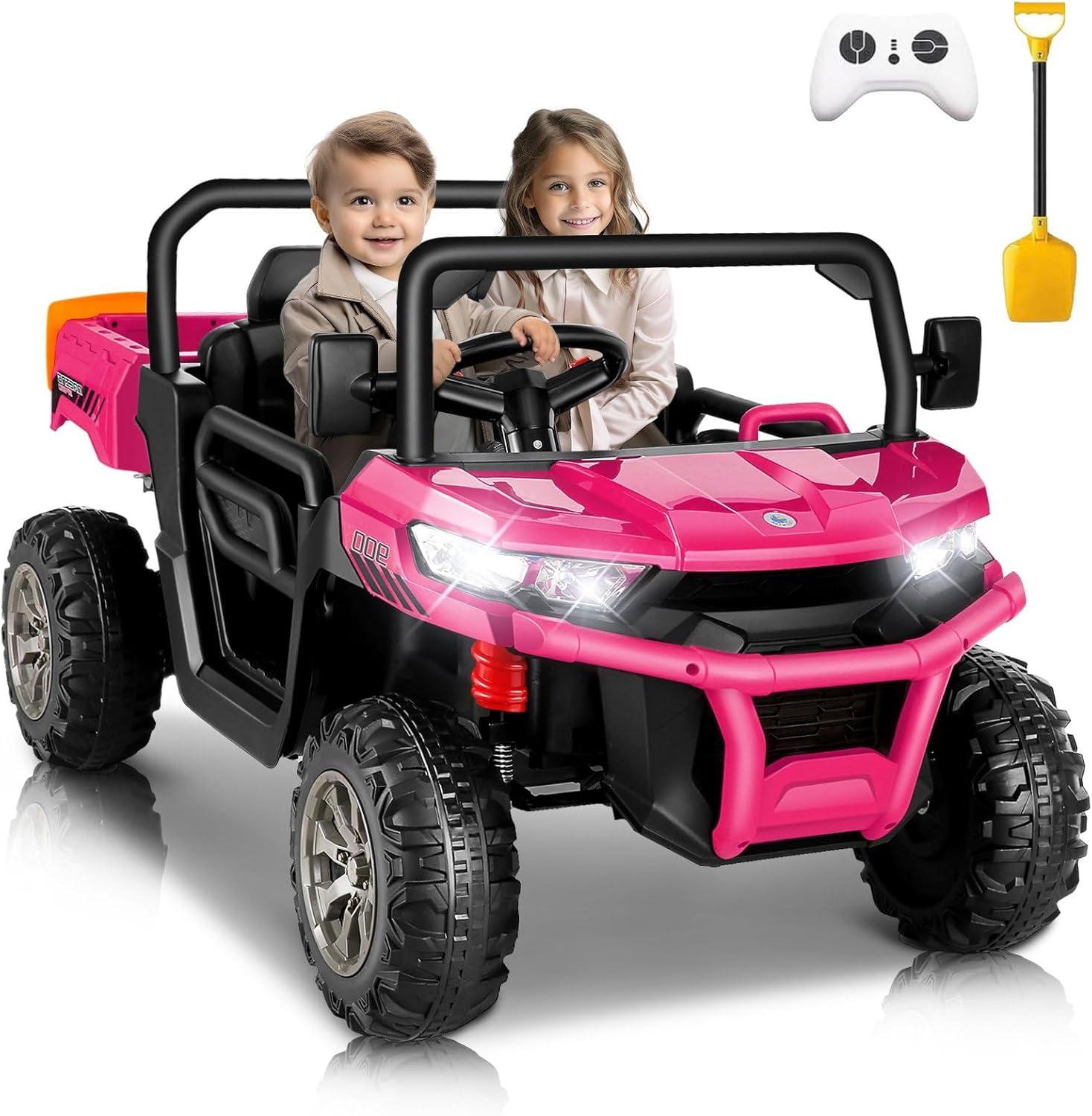 24V Kids Ride on Dump Truck with Remote Control, 2 Seater Powered 4-Wheel UTV Toys, 2x200W Ride on Tractor Car w/ Electric Dump Bed, Shovel, Bluetooth Music, Pink