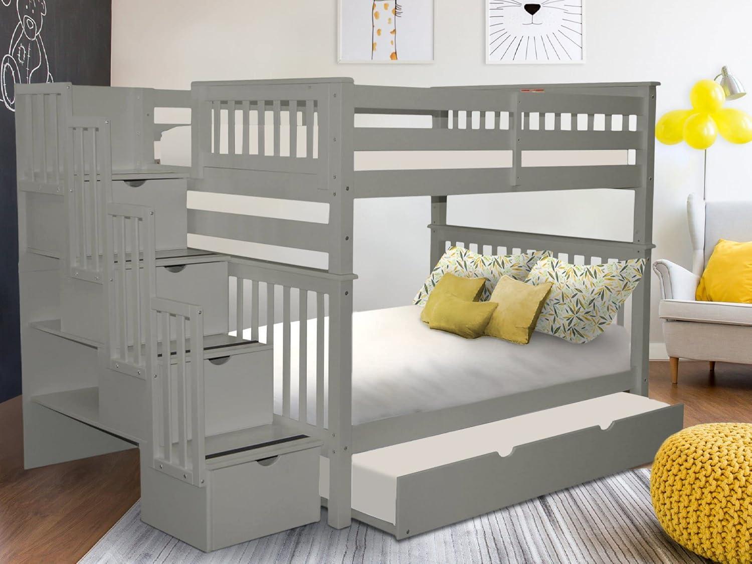Bedz King Stairway Bunk Beds Full over Full with 4 Drawers in the Steps and a Full Trundle, Gray