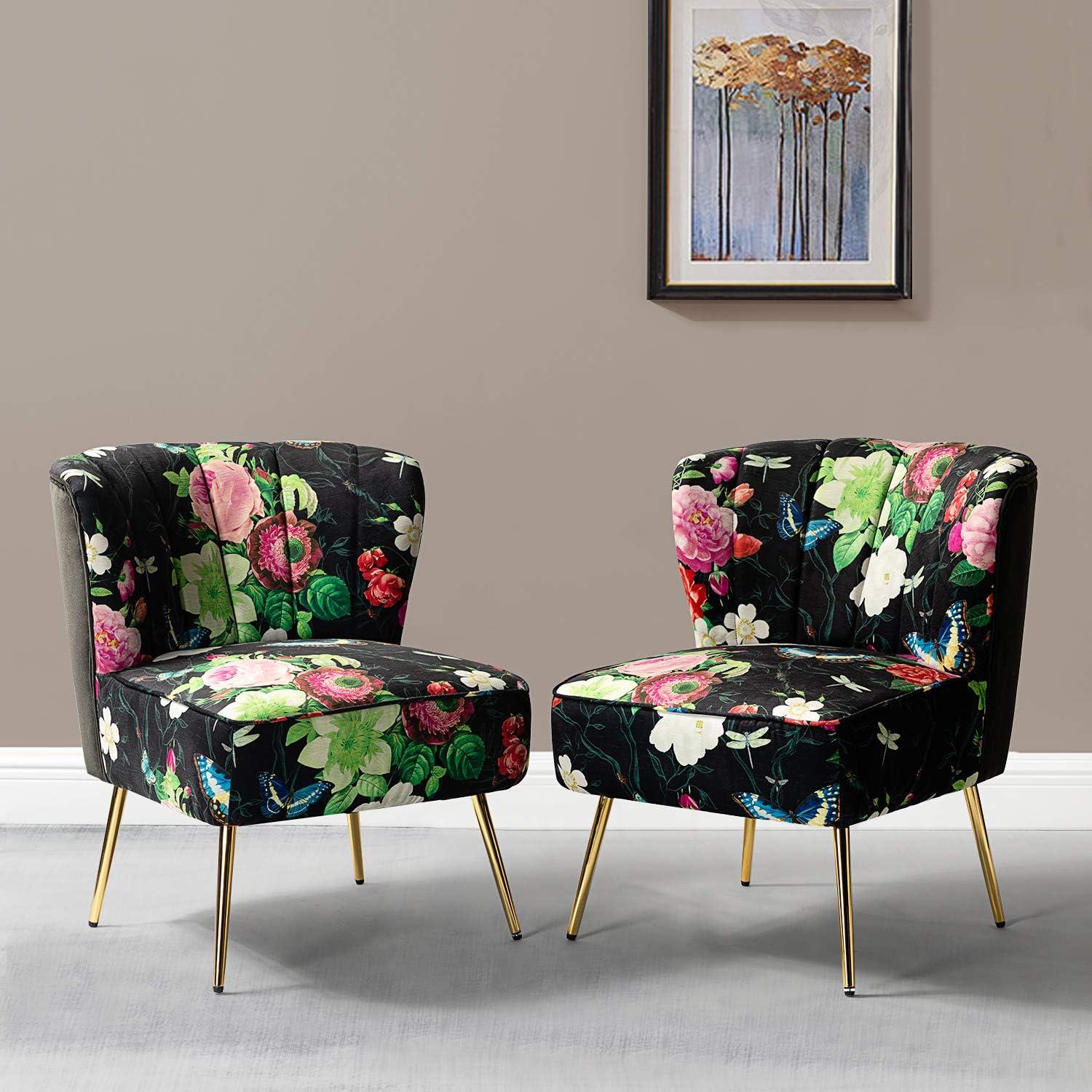 Upholstered Floral Accent Slipper Chairs Set of 2 Side Dining Chair Wingback Armless Sofa Tufted Back Golden Legs Home Living Room Bedroom Black