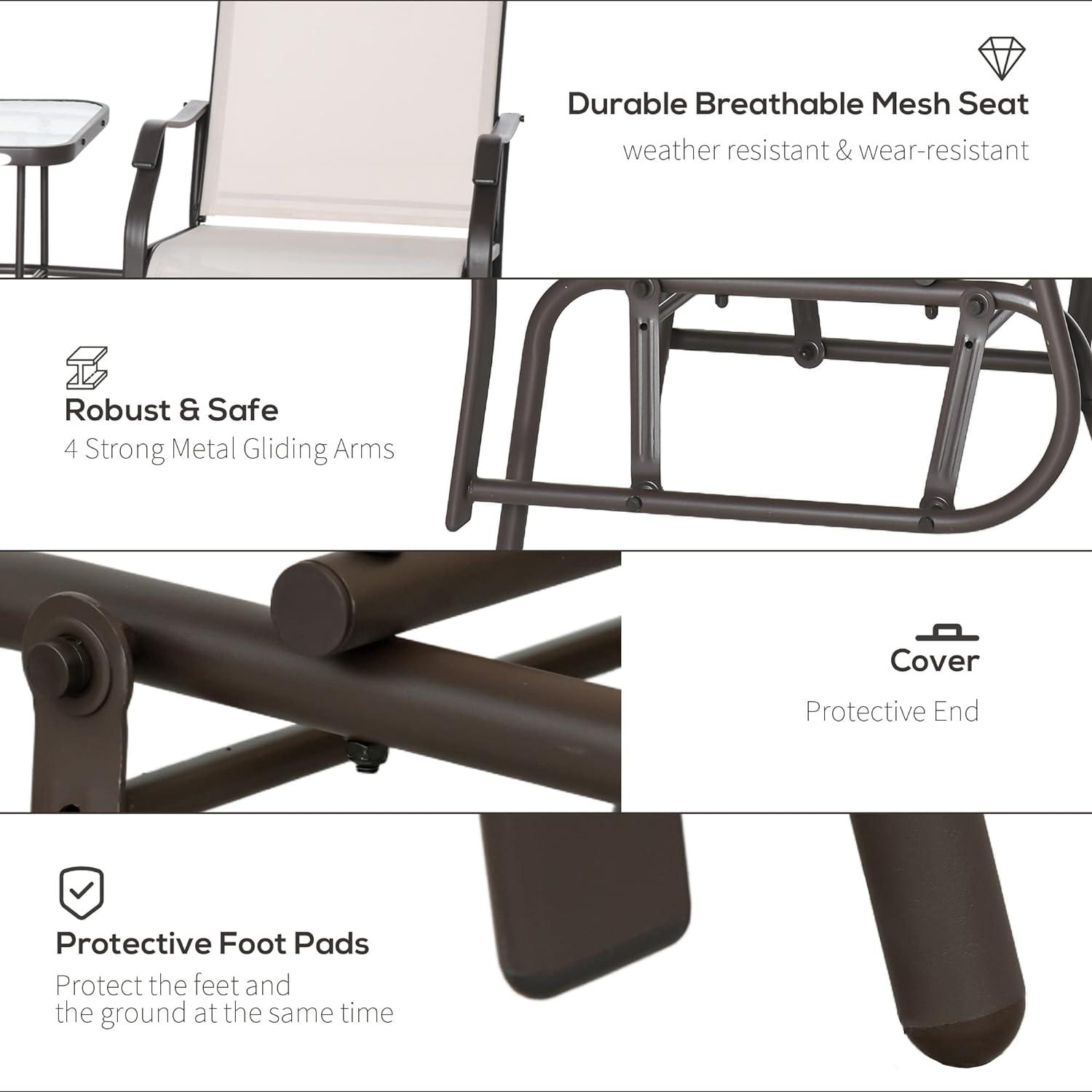 Outsunny Outdoor Glider Chairs with Coffee Table, Patio 2-Seat Rocking Chair Swing Loveseat with Breathable Sling, Coffee Brown