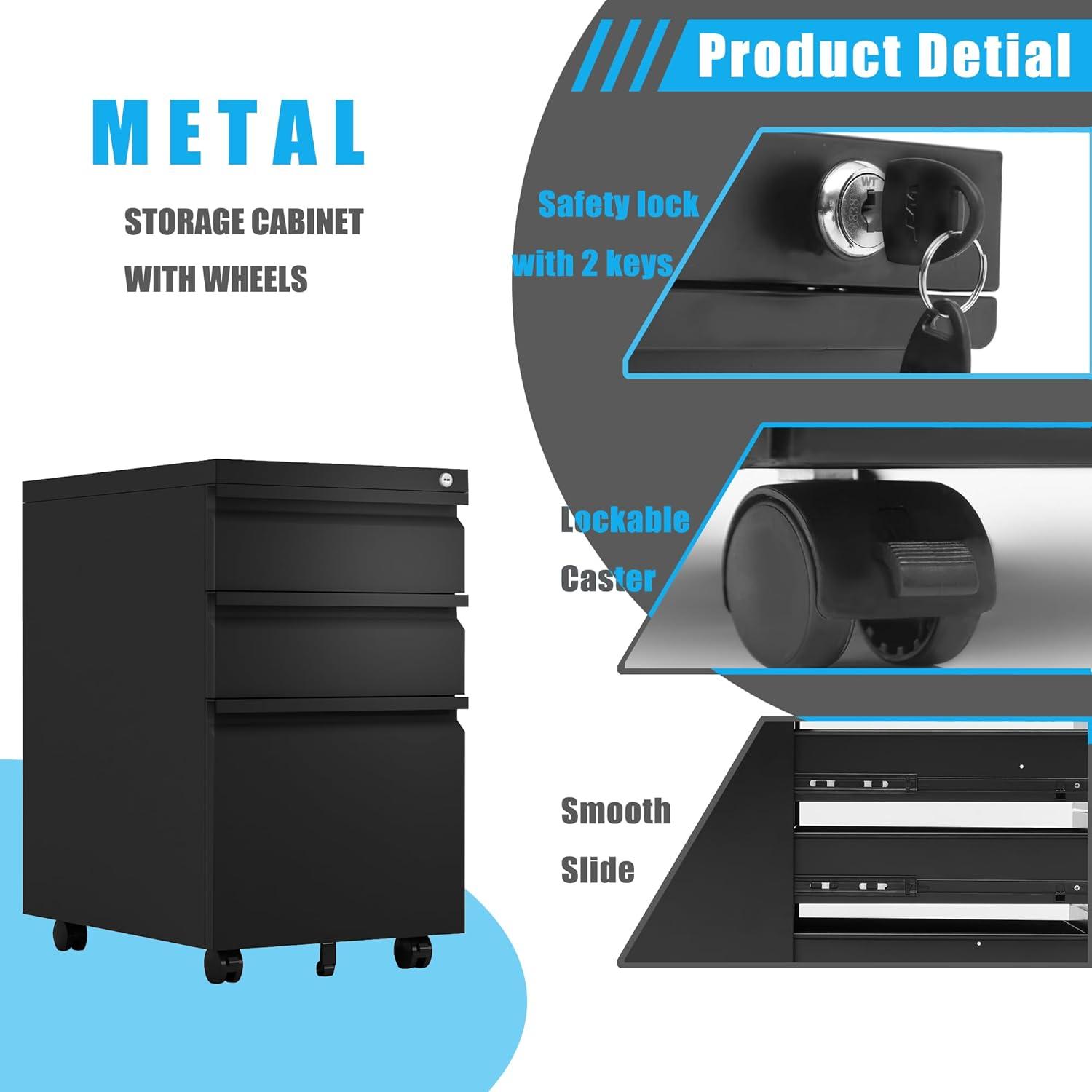 MIIIKO File Cabinet 3 Drawers on Wheels Under Desk, Black Metal Rolling File Cabinets with Lock for Home Office, Un-Assembled Filing Cabinet with Lock
