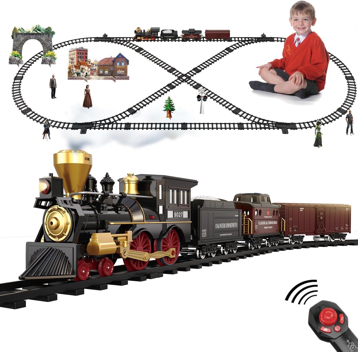 Train Set for Kids Remote Control Christmas Train Toys w/Steam Locomotive,Passenger Carriage & Luxury Tracks, Electric Trains w/Realistic Smoke,Sounds & Lights, Birthday Gift for Boys Girls 3 4 5 6 7