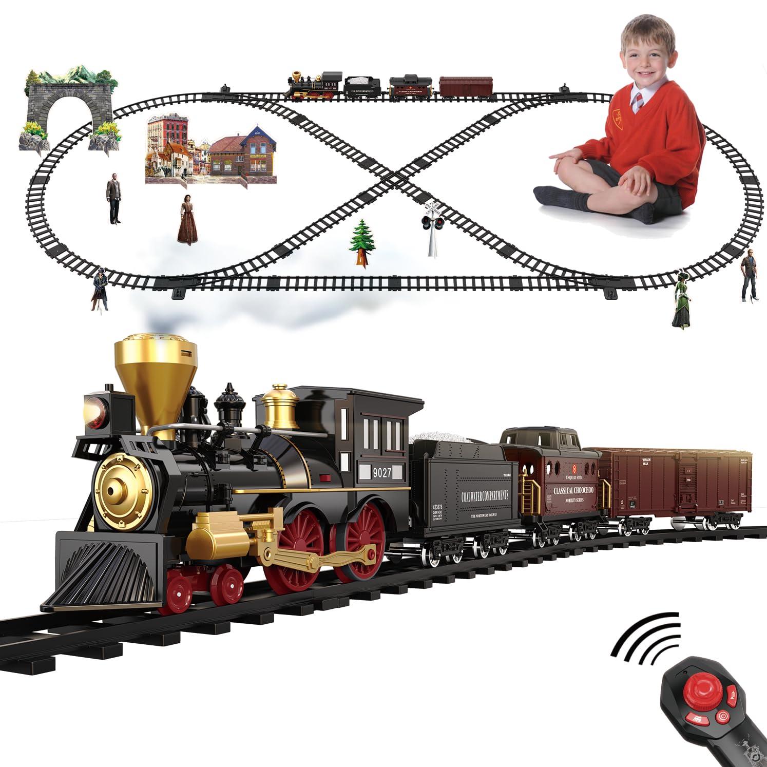 Train Set for Kids Remote Control Christmas Train Toys w/Steam Locomotive,Passenger Carriage & Luxury Tracks, Electric Trains w/Realistic Smoke,Sounds & Lights, Birthday Gift for Boys Girls 3 4 5 6 7