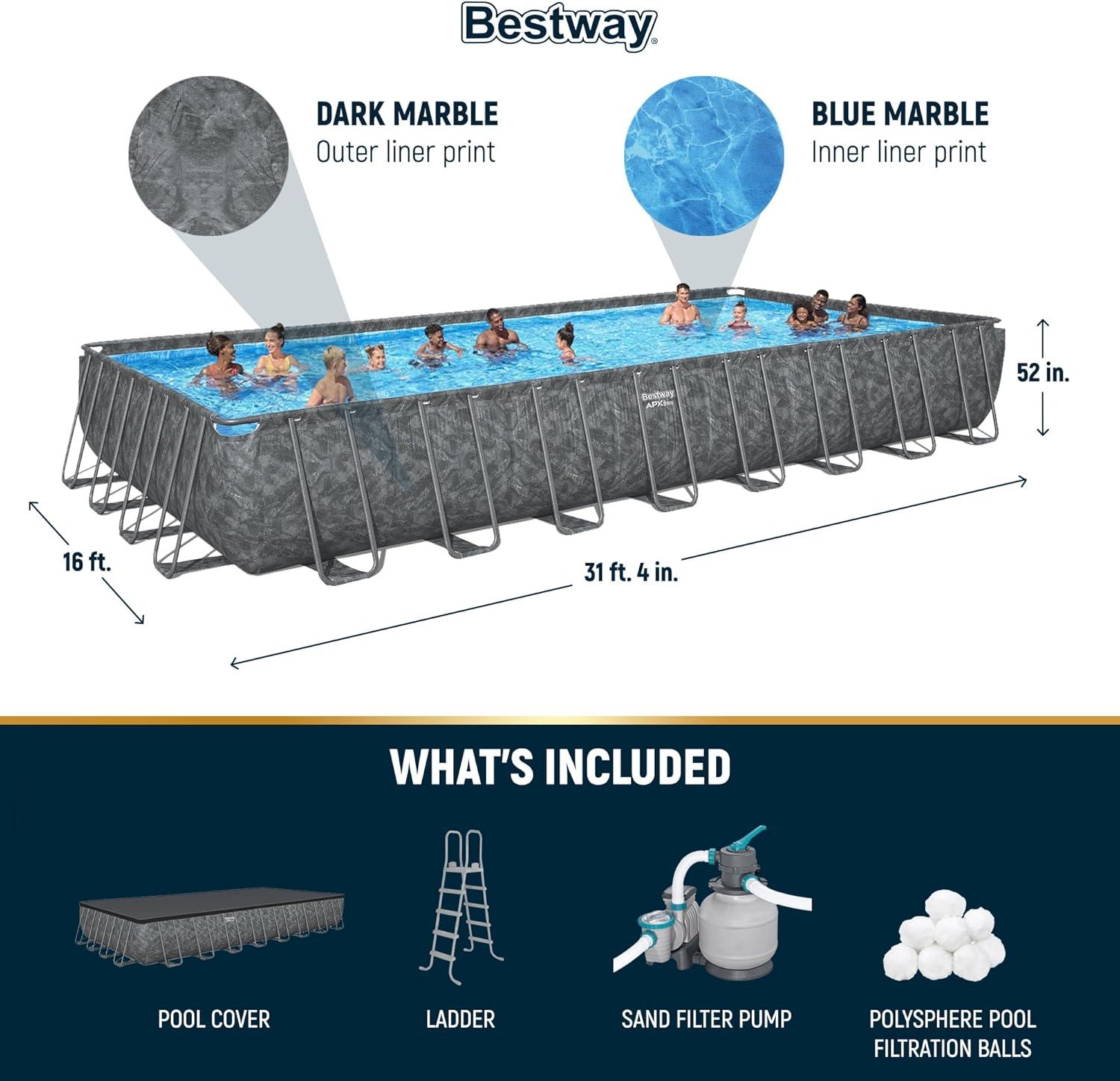 Bestway APX 365 Rectangular Above Ground Pool Set, 31'4" x 16' x 52"