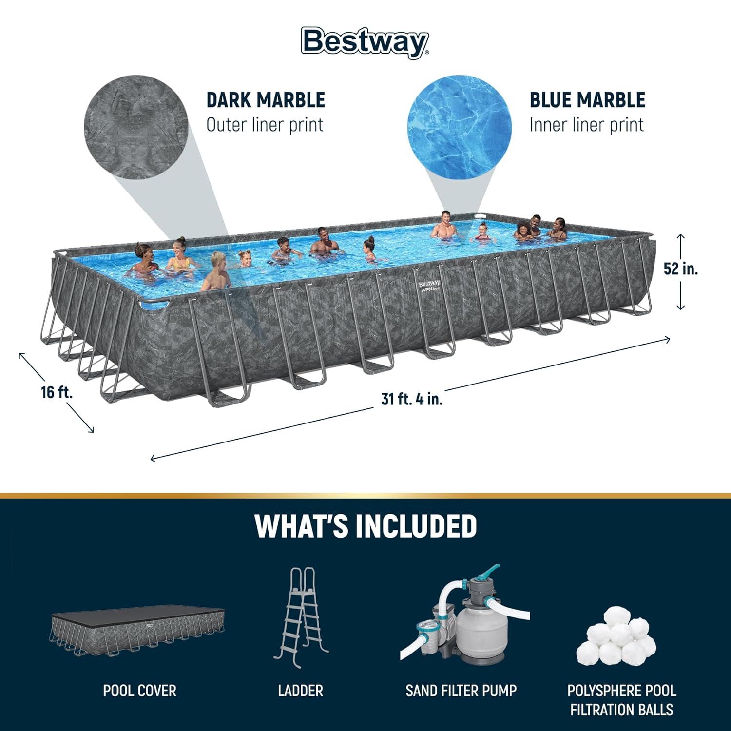 Bestway APX 365 Rectangular Above Ground Pool Set, 31'4" x 16' x 52"