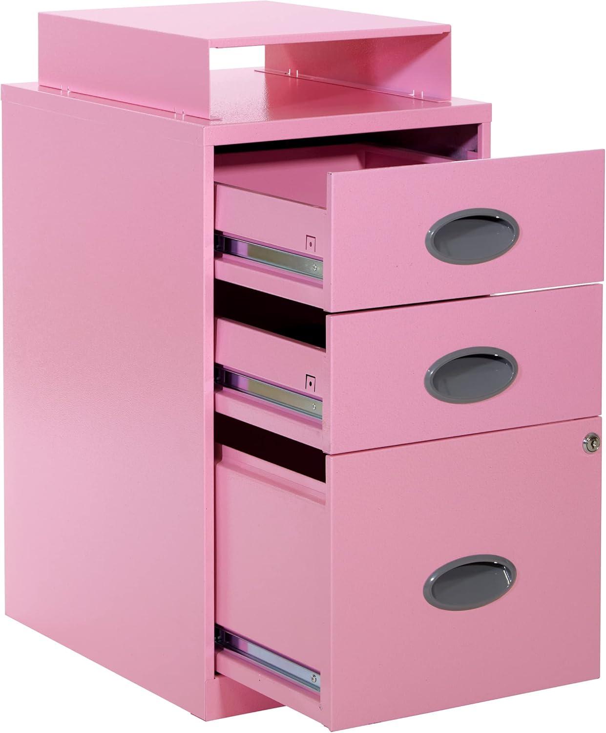 OSP Home Furnishings 3-Drawer Lockable Metal File Cabinet, Pink