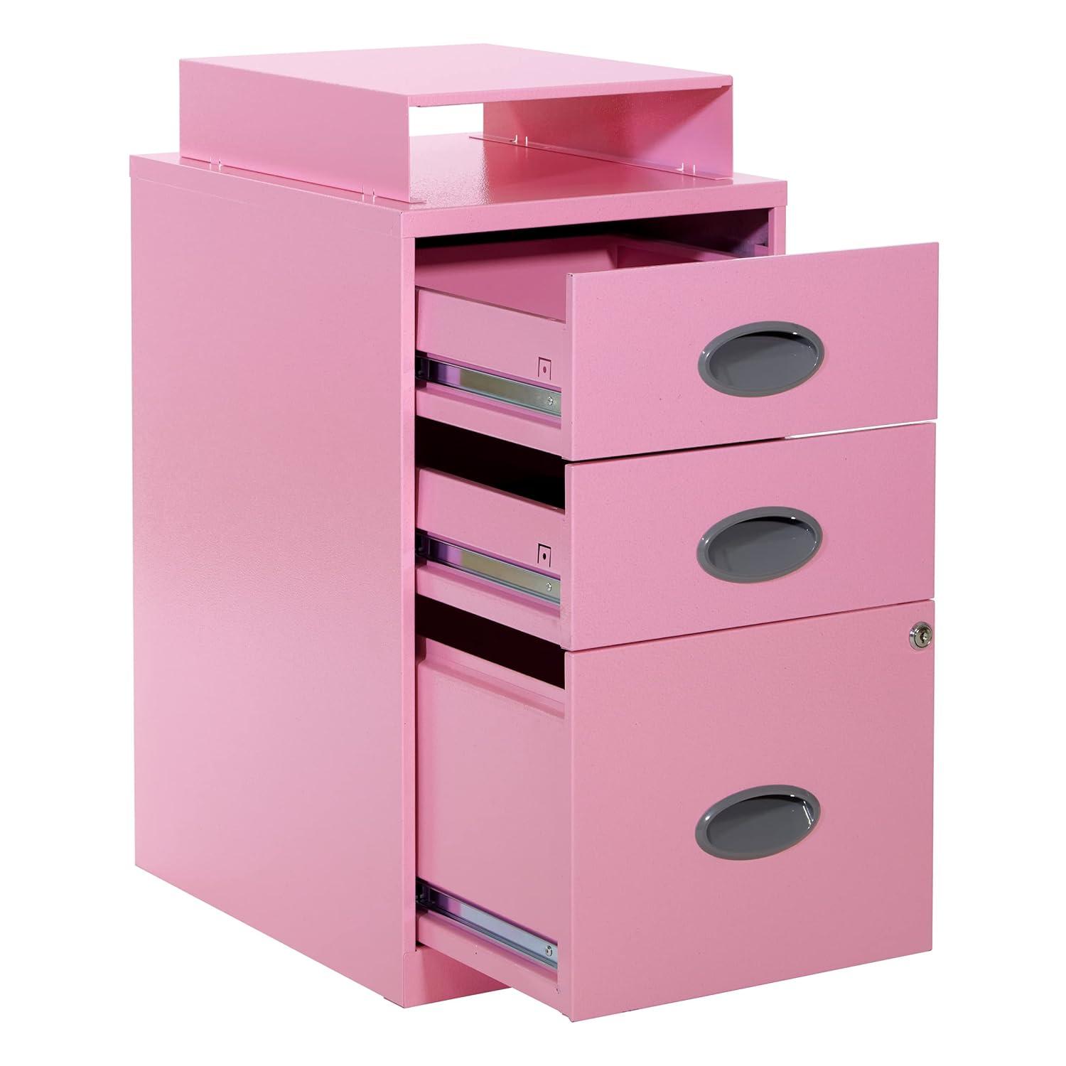 OSP Home Furnishings 3-Drawer Lockable Metal File Cabinet, Pink