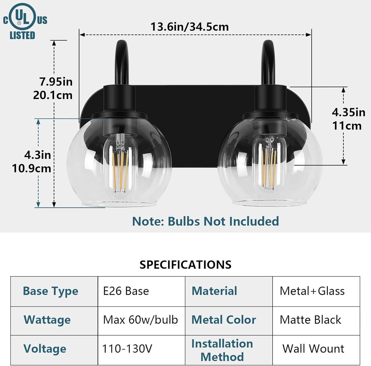 Modern 2-Light Vanity Light, Bathroom Lighting Fixture Over Mirror With Clear Glass Shade and Metal Base, Matte Black Wall Mounted for Bathroom