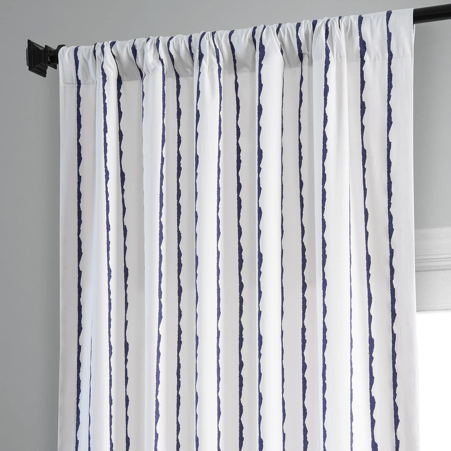 Sharkskin Blue and White Striped Cotton Room Darkening Curtain Panel