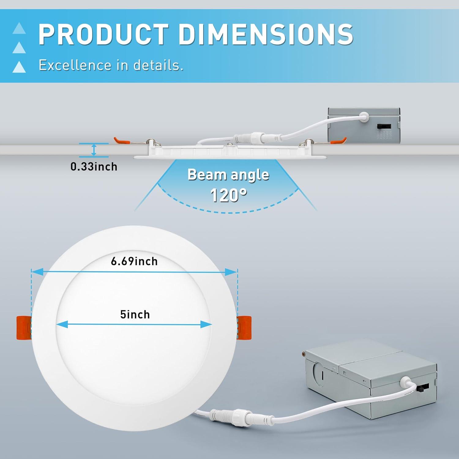 12 Pack 6 Inch 5CCT Ultra-Thin LED Recessed Ceiling Light with Junction Box, 2700K/3000K/3500K/4000K/5000K Selectable, 1050LM Brightness, Dimmable Canless Wafer Downlight, 12WEqv110W-ETL&FCC