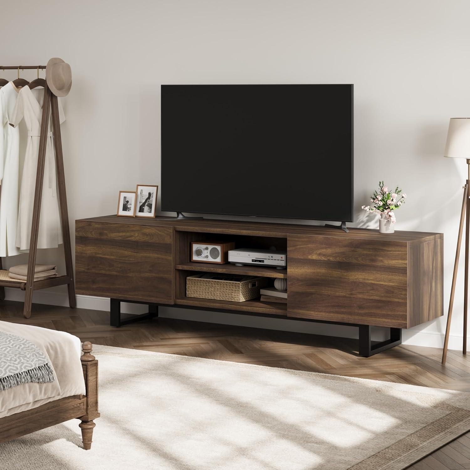 Industrial TV Stand for 80 Inch, Modern Entertainment Center with 2 Drawers, Wooden Cabinet with Heavy Duty Leg and Open Storage for Bedroom, Walnut