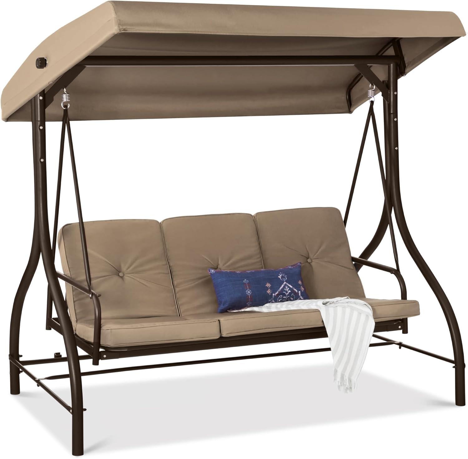 Best Choice Products 3-Seat Outdoor Converting Canopy Swing Glider Patio Hammock w/ Removable Cushions - Desert Taupe
