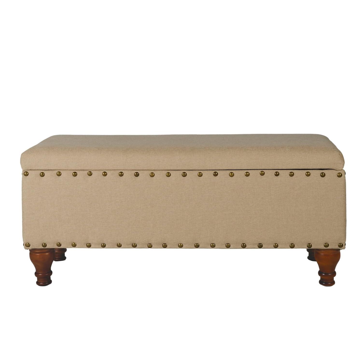 Benjara Fabric Upholstered Wooden Storage Bench With Nail head Trim, Large, Tan Brown